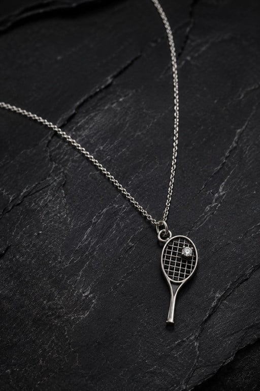 Tenis Raketi Zirkon Taşlı Gümüş Kolye