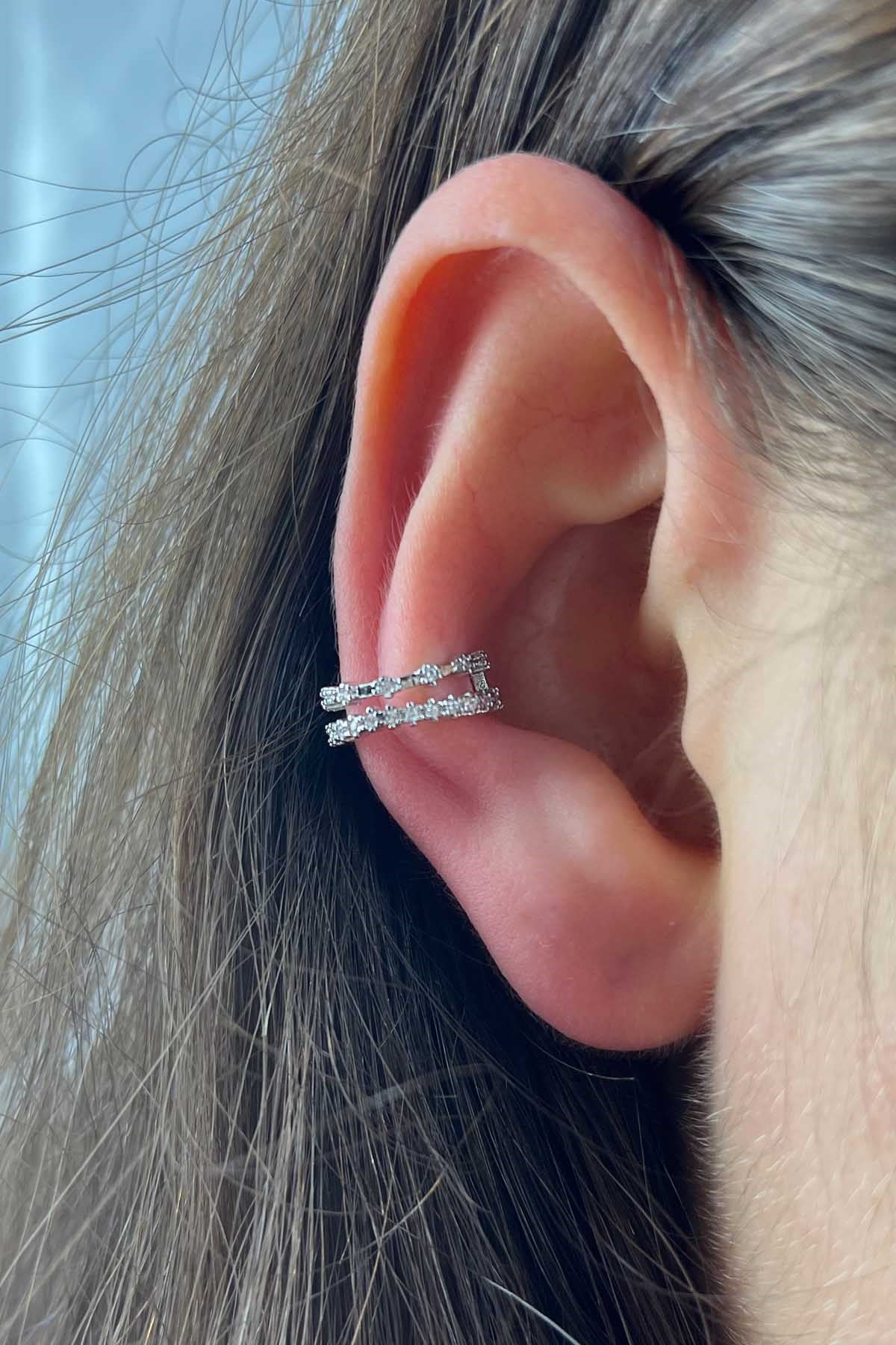 2'li Taşlı Gri Renk Earcuff