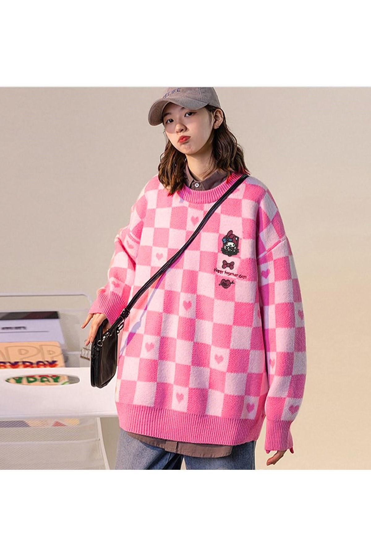 Anime Harajuku Streetwear My Melody Pembe Oversize Damalı Kazak