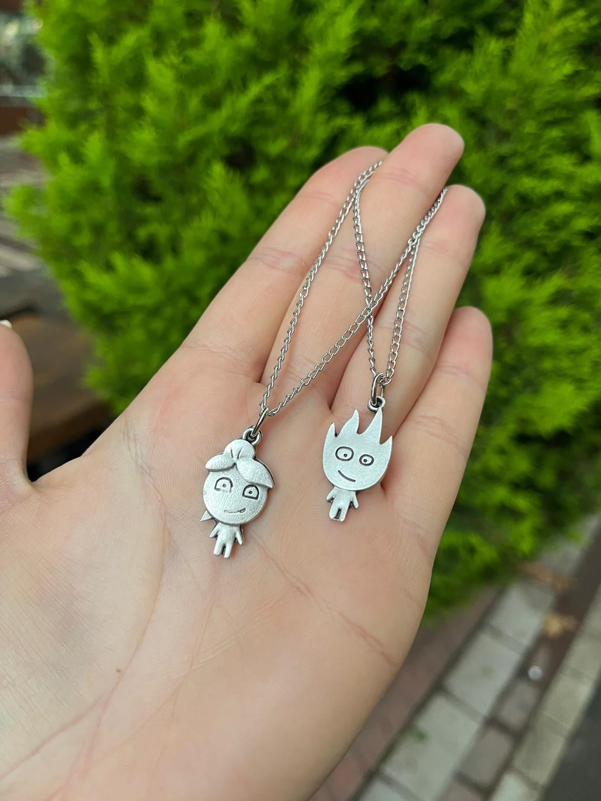 Ateş Ve Su Gümüş Renk Çift Sevgili Best Metal Kolye