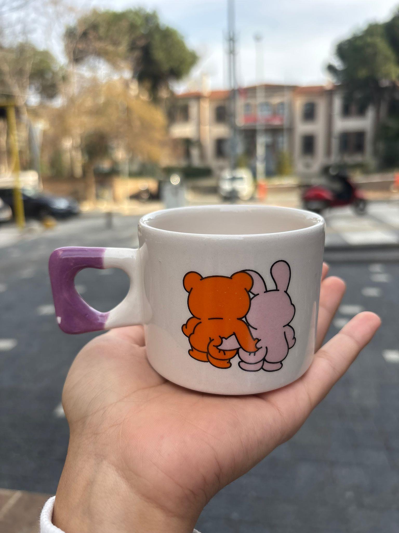 Çift Tavşan Kalp Kulplu Kupa