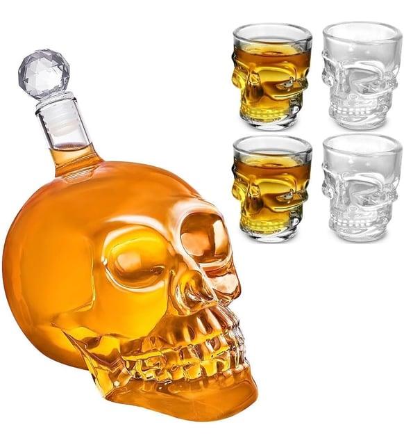 Coverzone Kafatası şişesi ve 4 Adet Shot Bardak Cam Mantarlı 550 ml