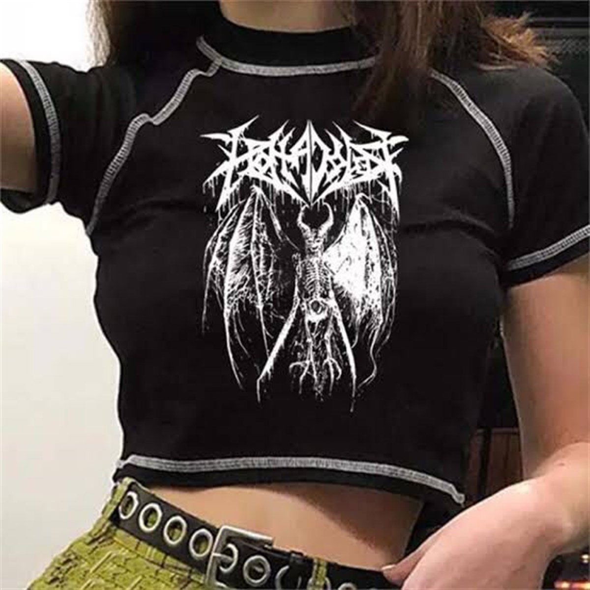 Harajuku Fashion Winged Skeleton Yarım Kadın T-shirt