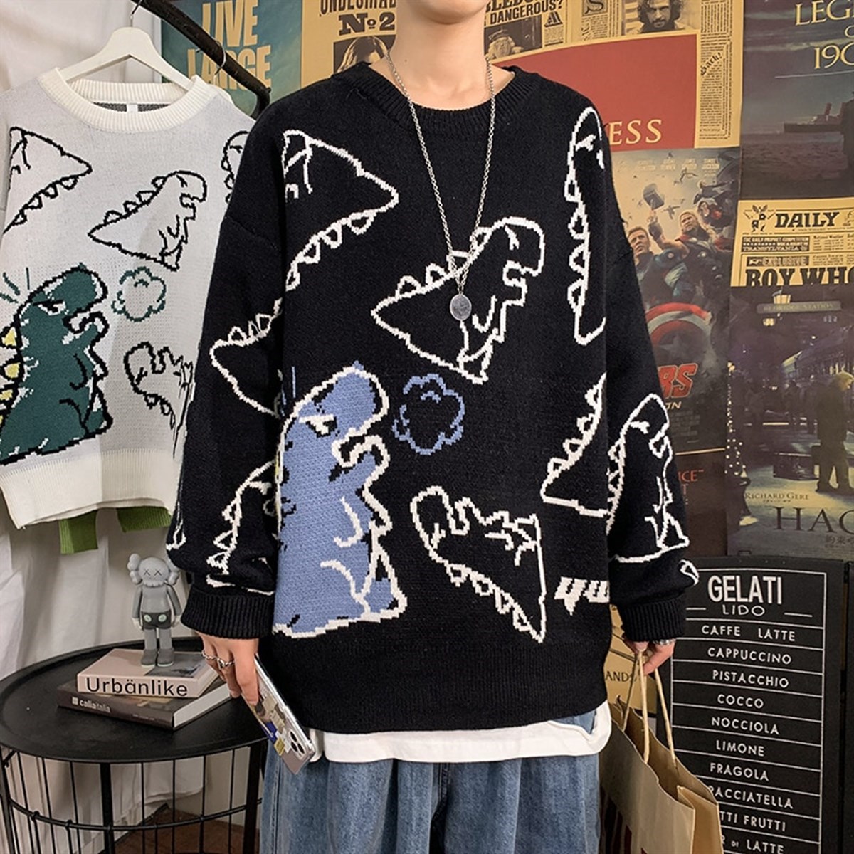 Harajuku Siyah Dinosarus Oversize Unisex Kazak
