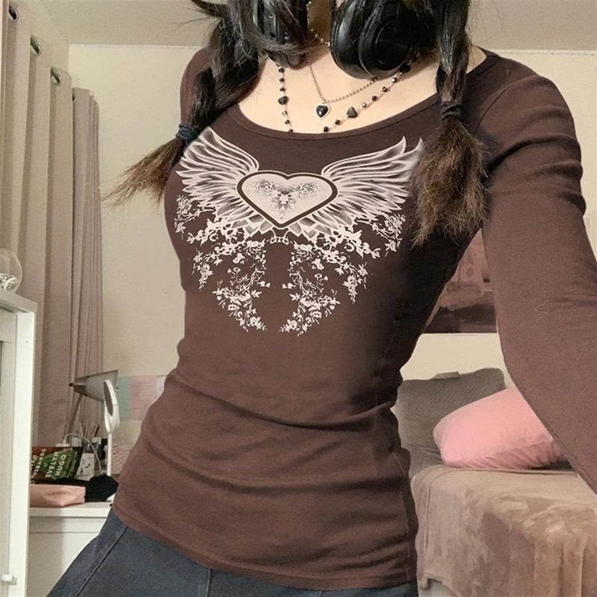 Kahverengi Harajuku Fashion Heart Wings Grunge Uzun Kollu