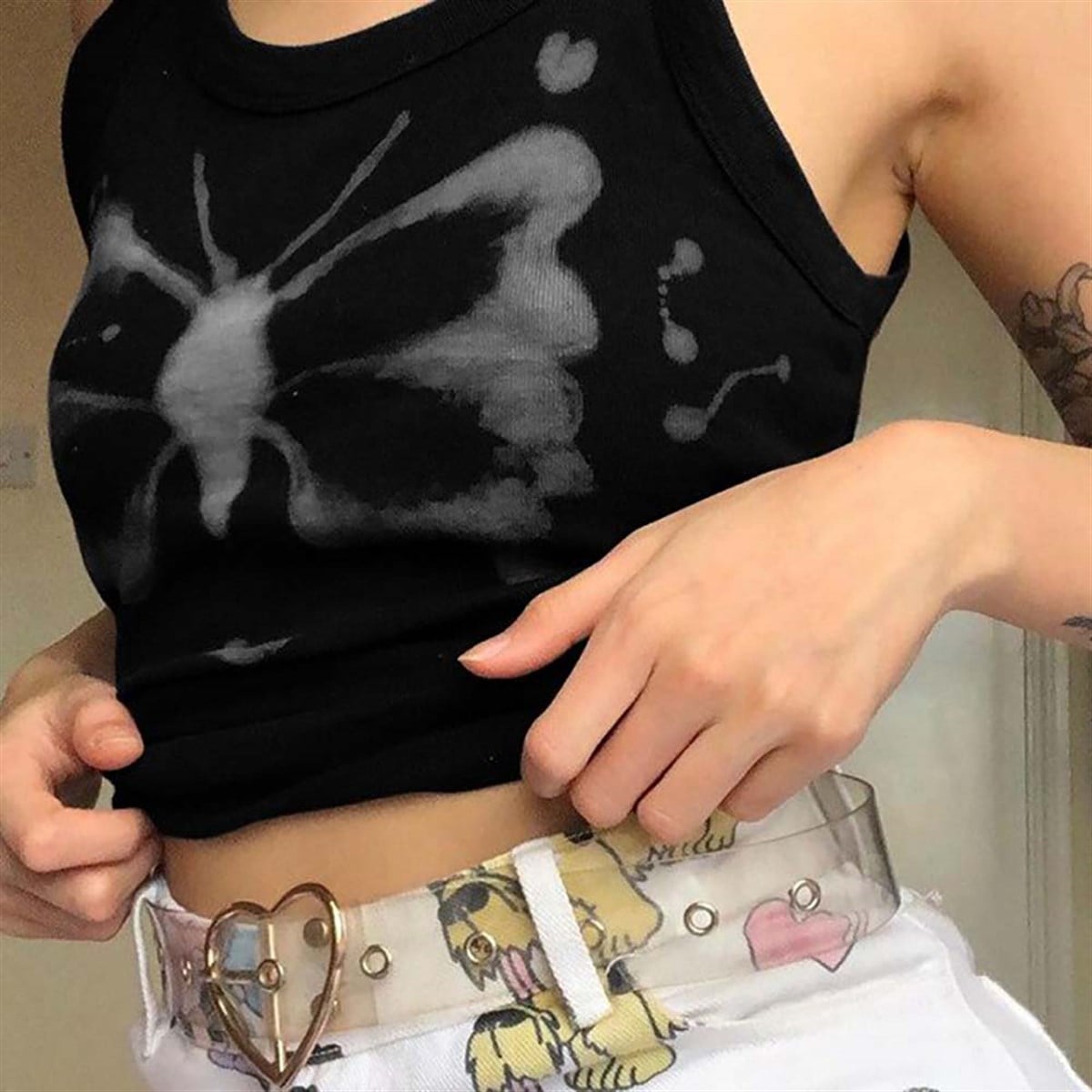 Köstebek Harajuku Fashion Butterfly Siyah Askılı Kadın T-shirt