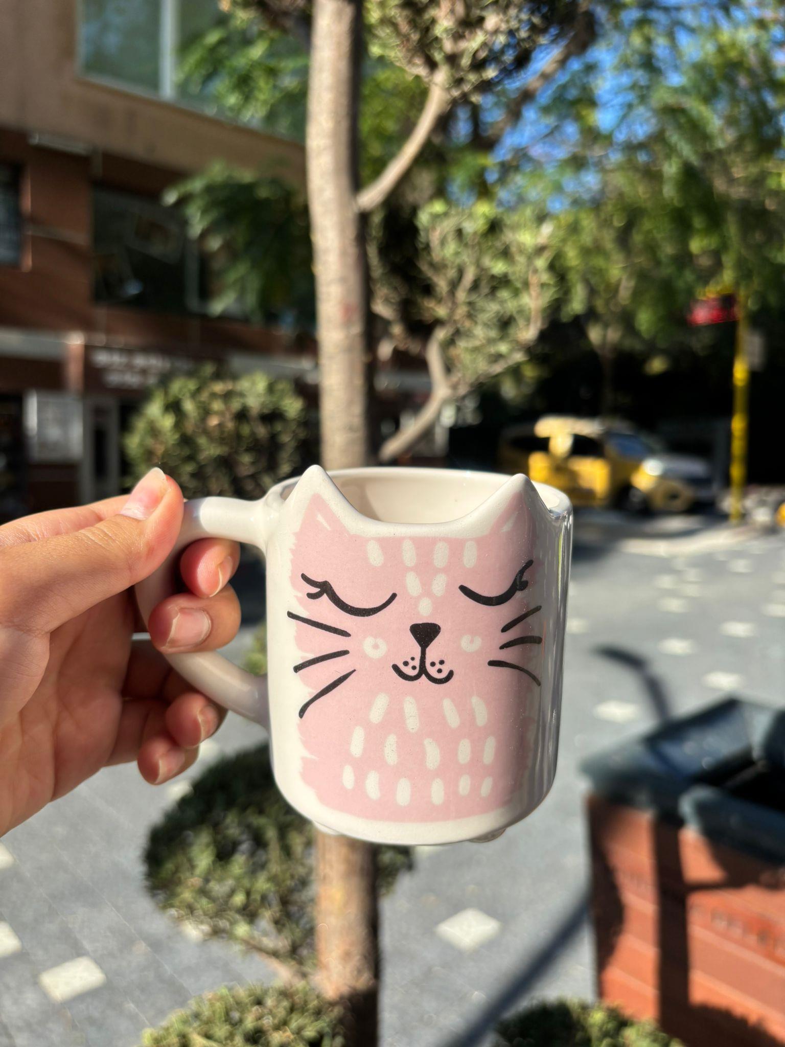 Miyav Kupa - 300 cc Seramik Kupa - Pembe Kedi Desenli