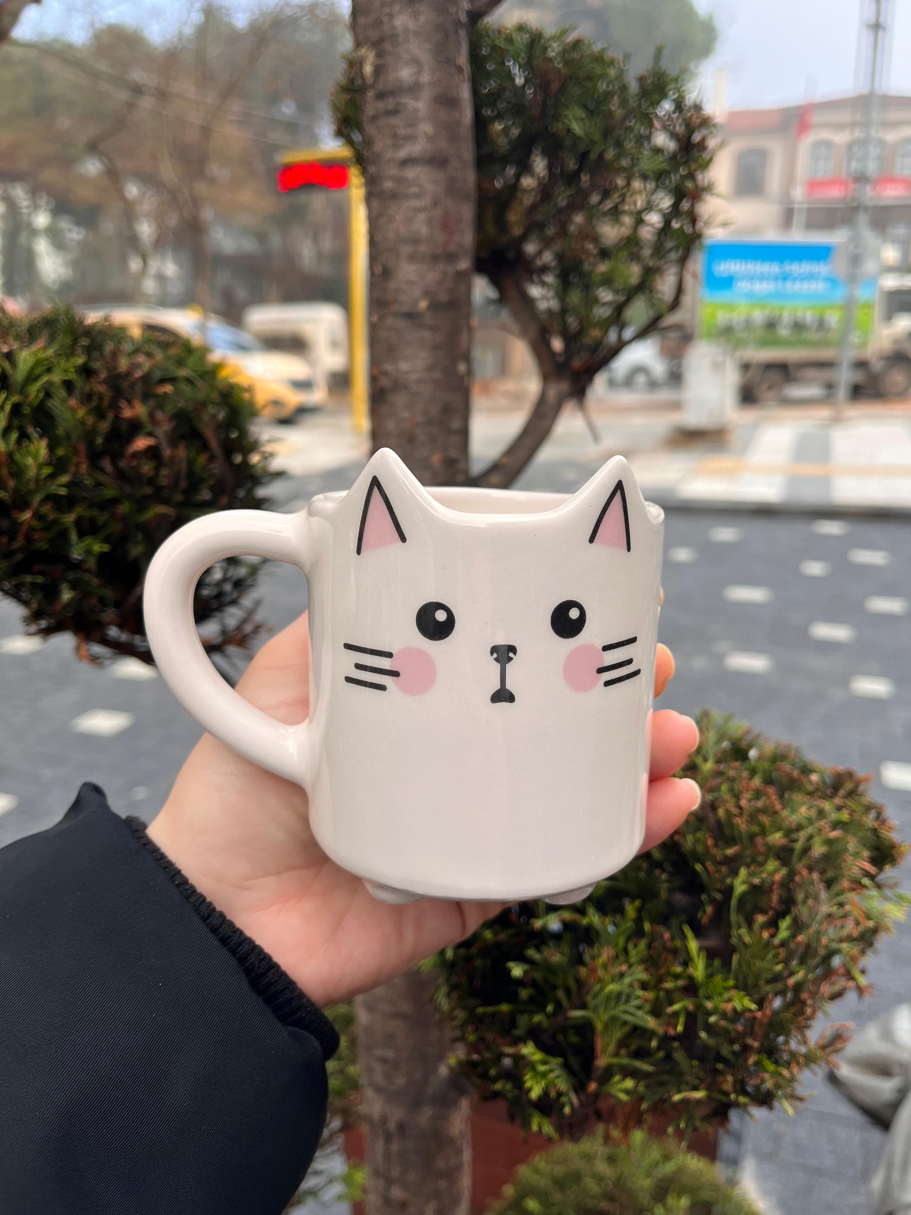 Miyav Kupa-300 cc Seramik Kupa-Sevimli Beyaz Kedi Desenli