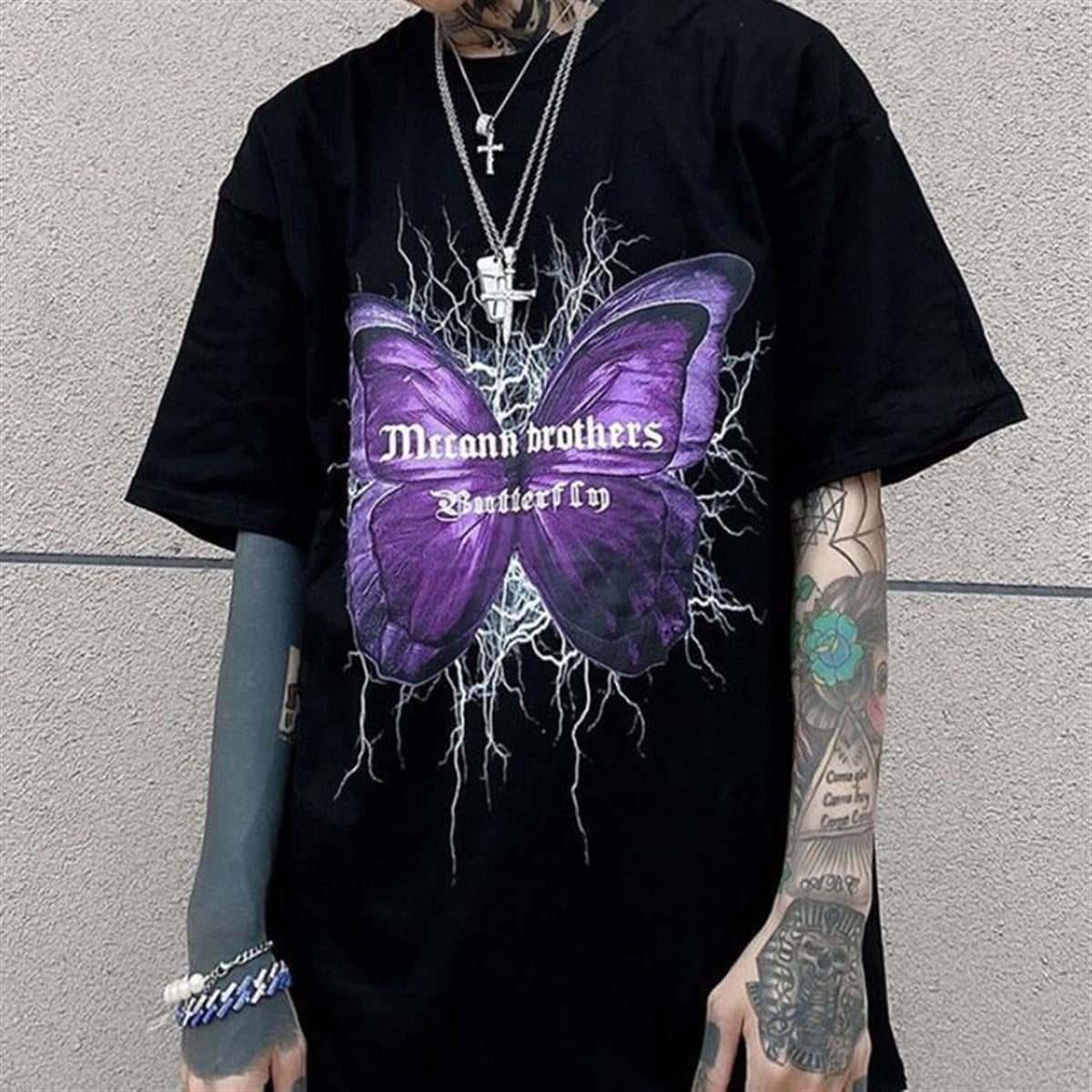 Touz Moda Gothic Harajuku Butterfly Siyah Oversize Unisex T-Shirt