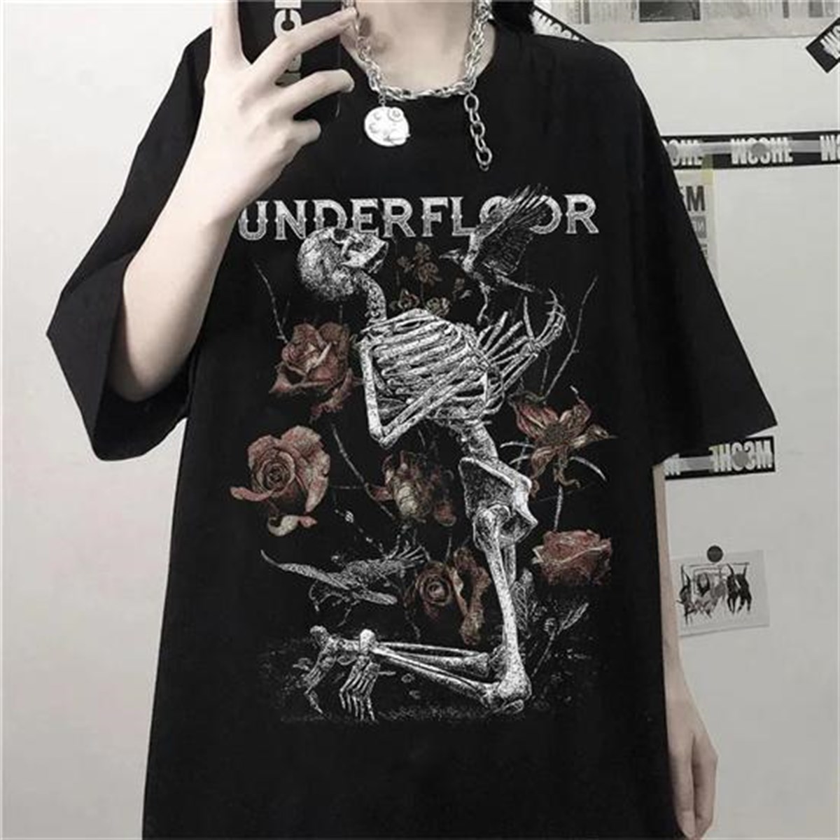 Touz Moda Skeleton Print Grunge Aesthetic Gothic Unisex Oversize T Shirt