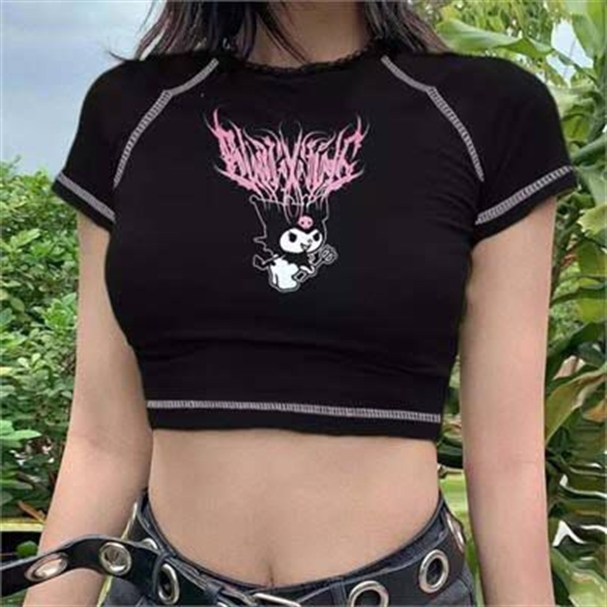 Harajuku Fashion Angel Dream Siyah Yarım Kadın T-shirt