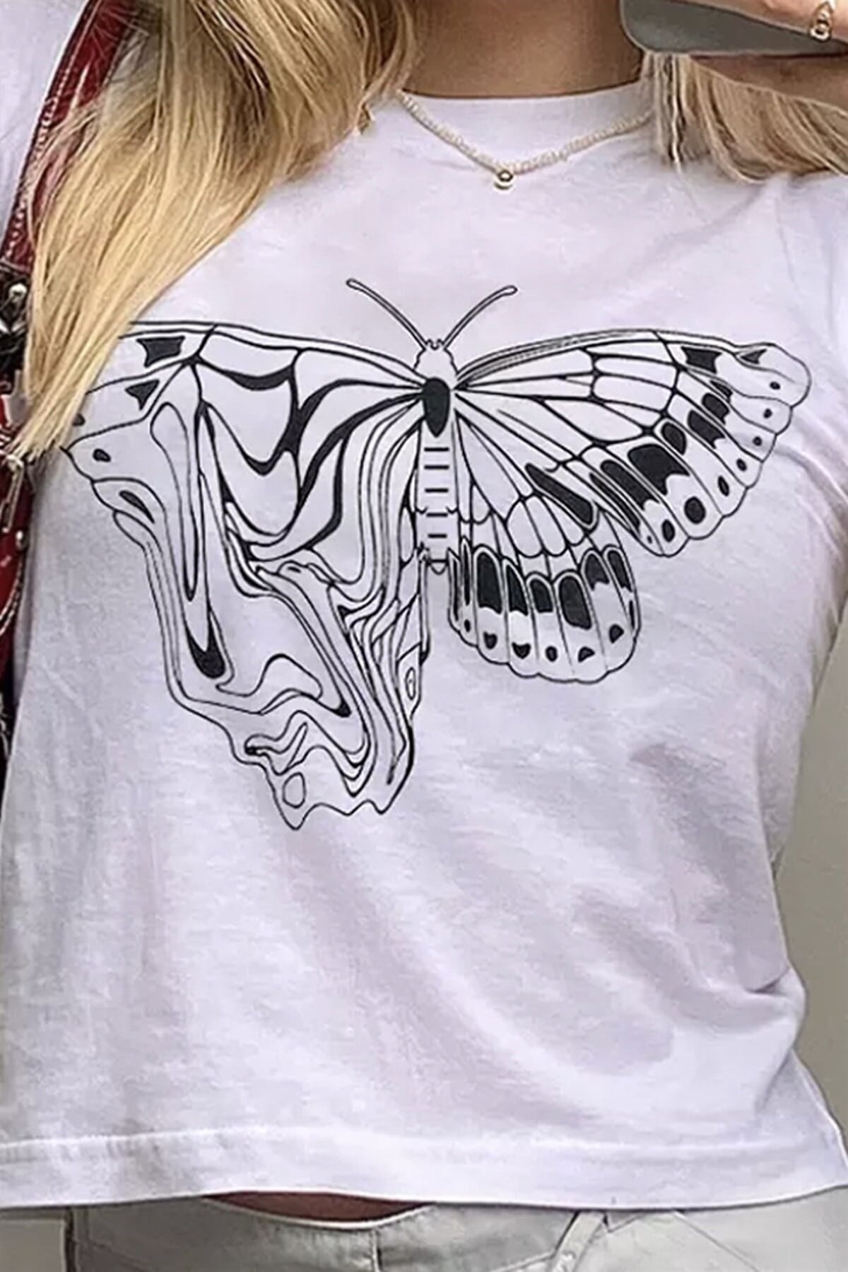 Harajuku Fashion Butterfly Vector Beyaz Yarım Kadın T-shirt
