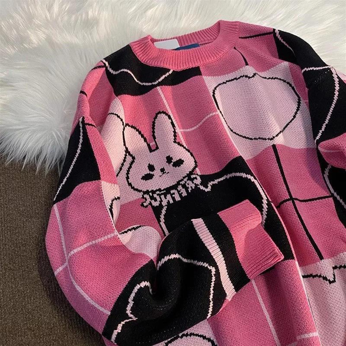 Harajuku Rabbit Friend Şerit Ve Sembol Detaylı Pembe Oversize Kazak