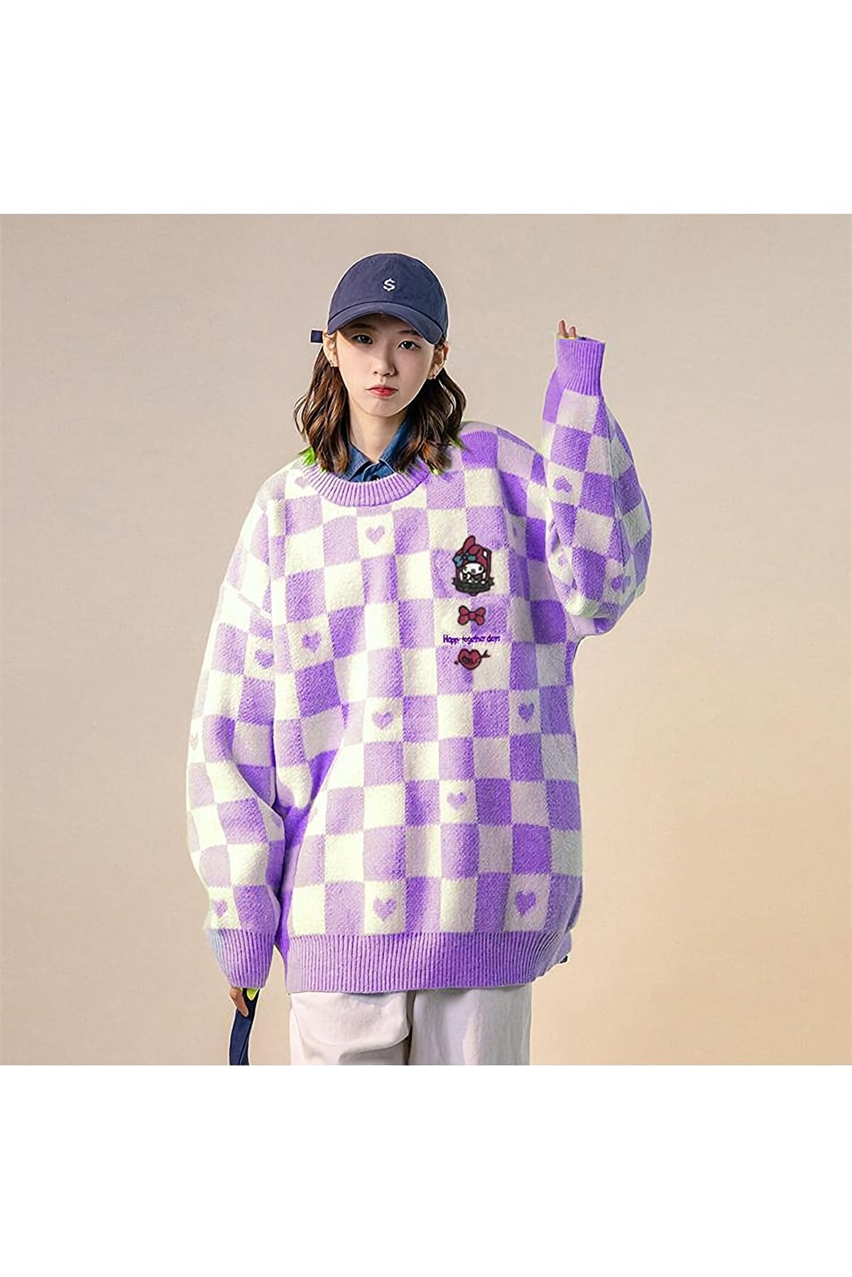 Harajuku Streetwear My Melody Lila Oversize Damalı Kazak