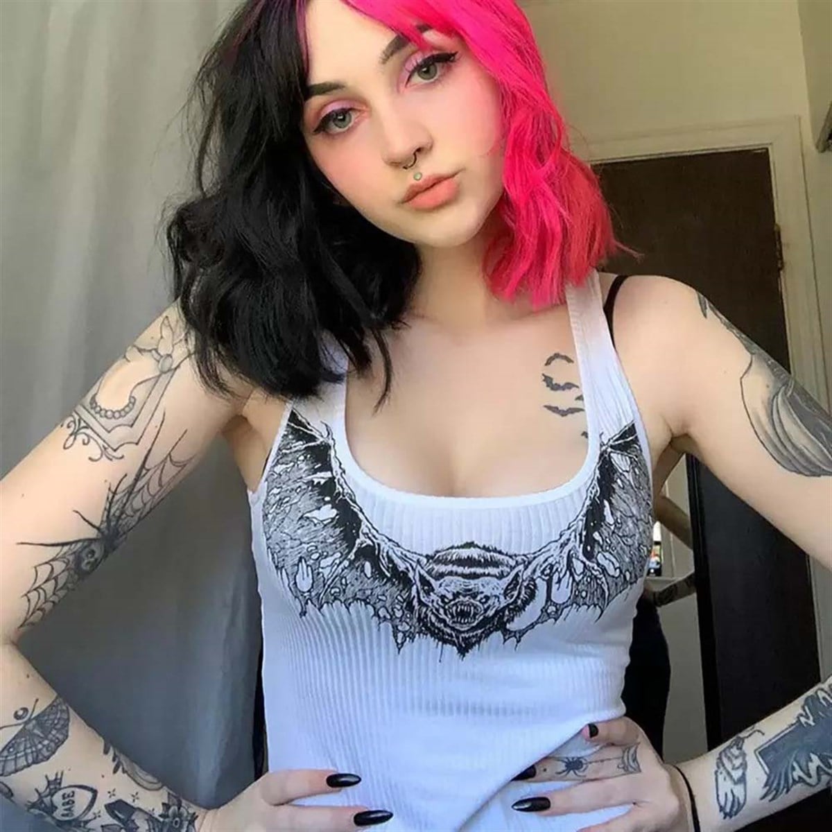 Köstebek Harajuku Fashion Creepy Bat Beyaz Askılı Kadın T-shirt