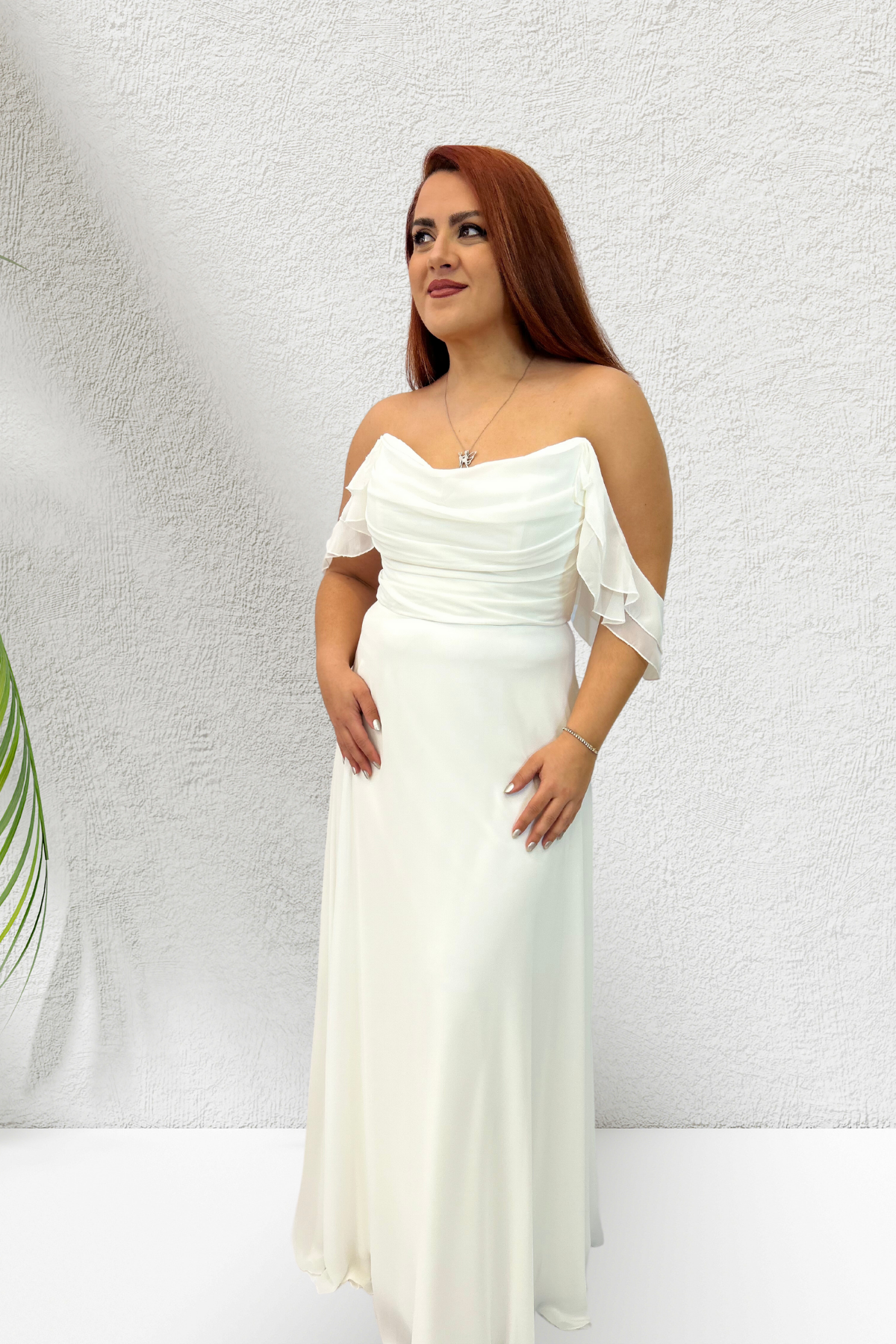 BEYAZ ŞİFON DRAPE DETAY UZUN ABİYE
