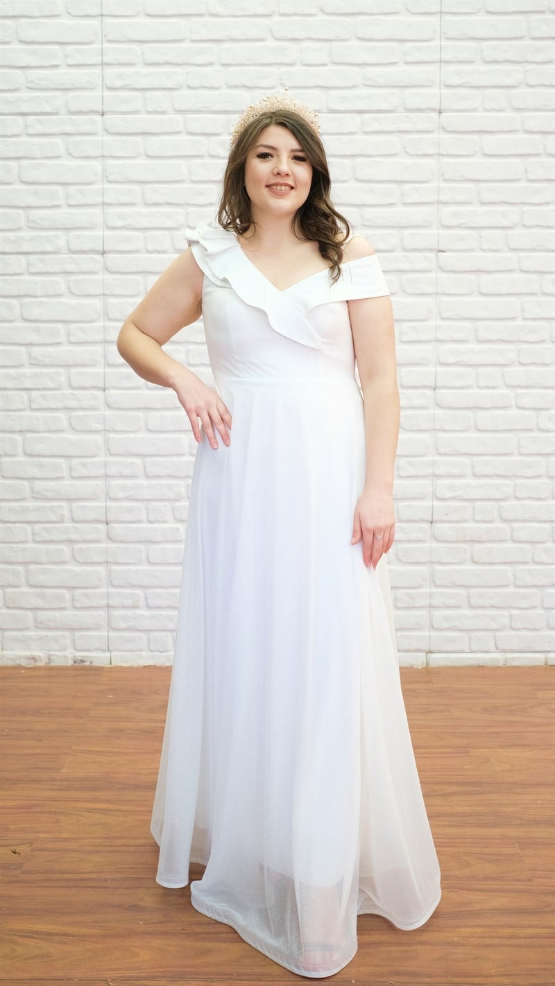 LADY YAKA EKRU SİM TÜL UZUN ABİYE