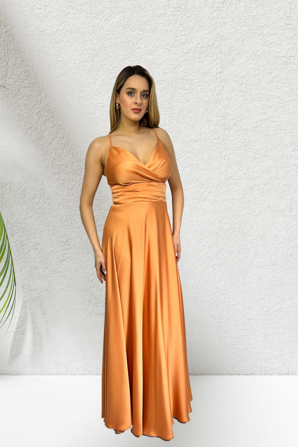 ORANJ İP ASKI SATEN UZUN ABİYE