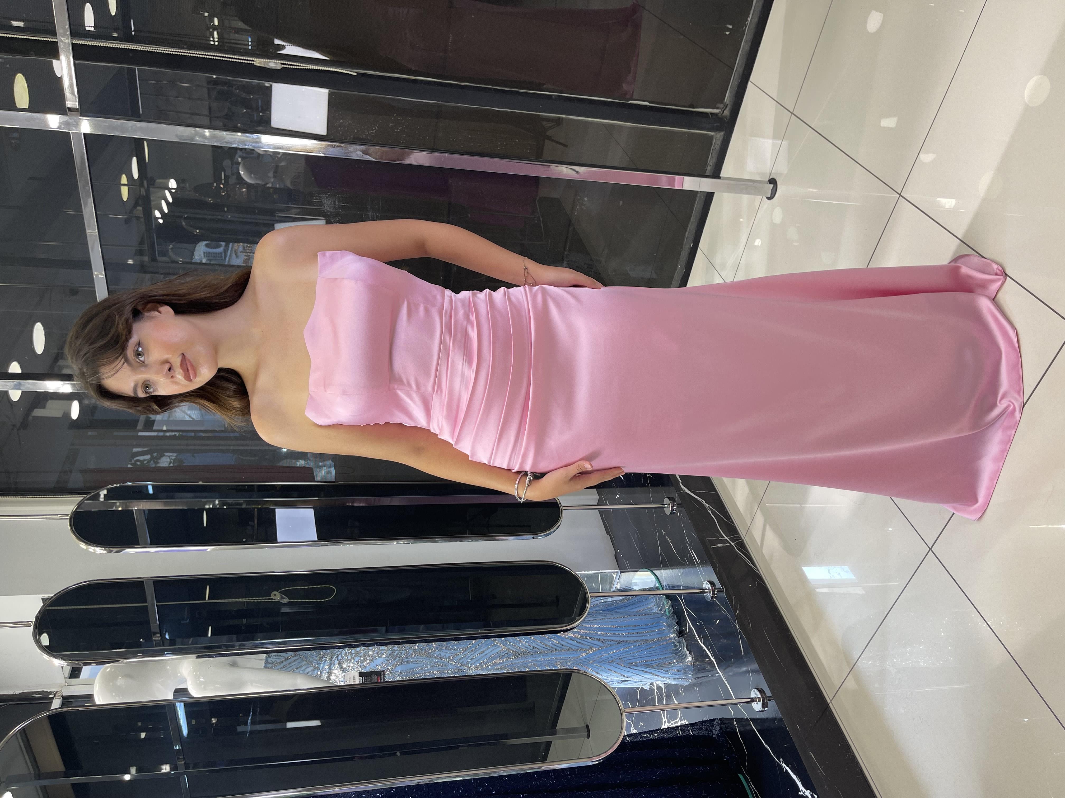 PEMBE STRAPLEZ SATEN UZUN ABİYE