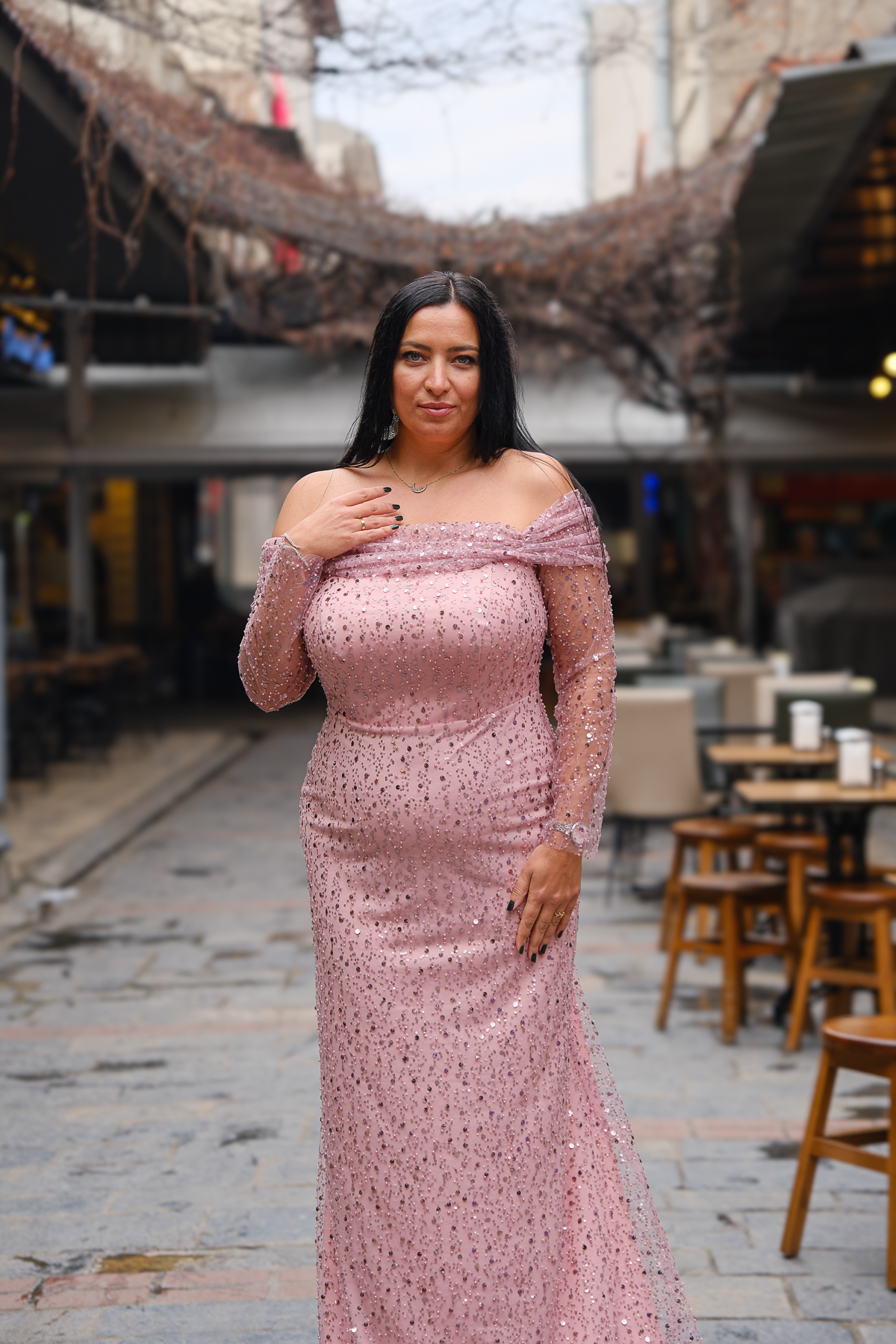 Pudra Pembe Madonna Yaka Uzun Boy Büyük Beden Balık Abiye