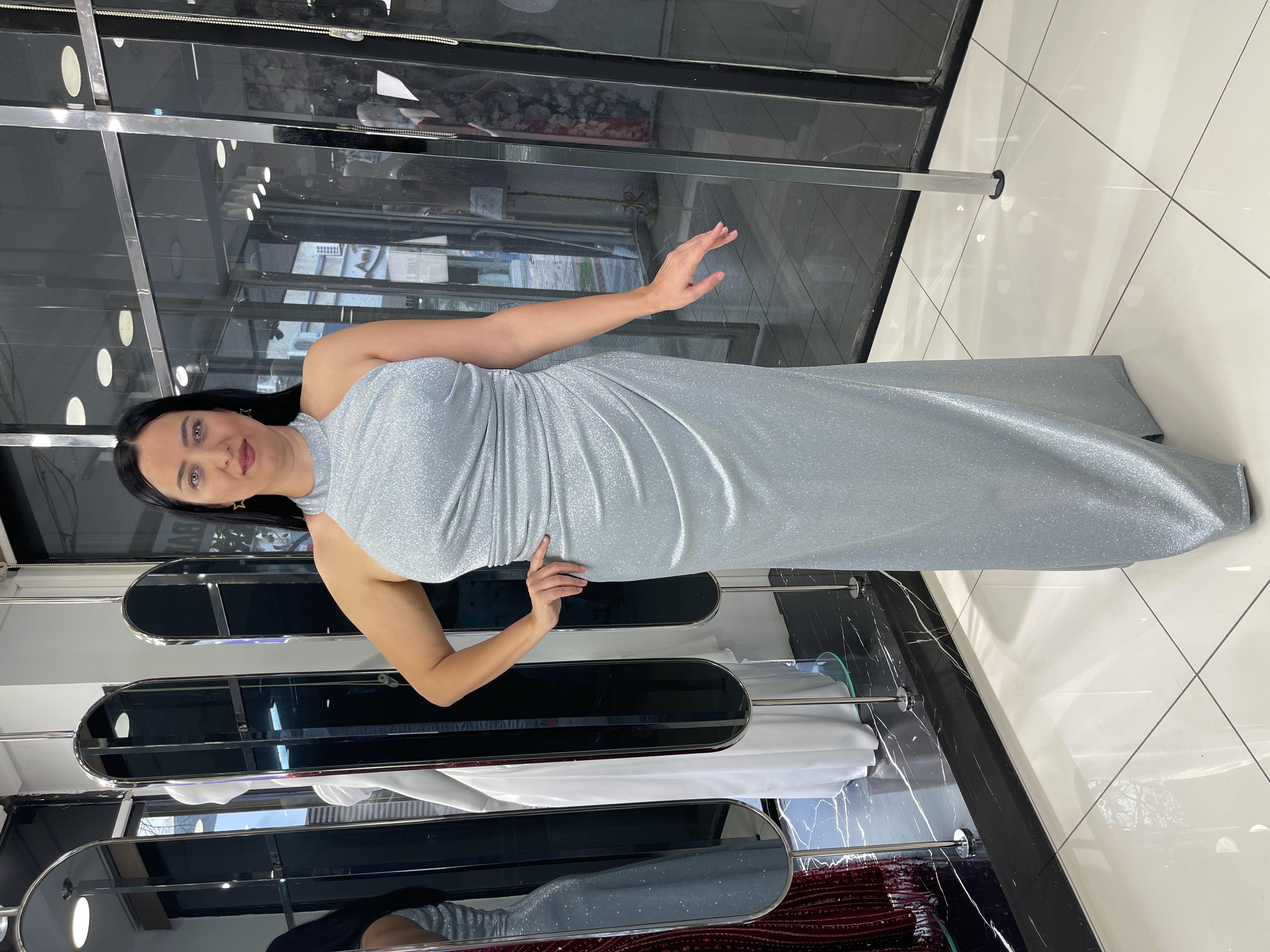 fevzuss Mint Yeşili Halter Yaka Uzun Simli Abiye