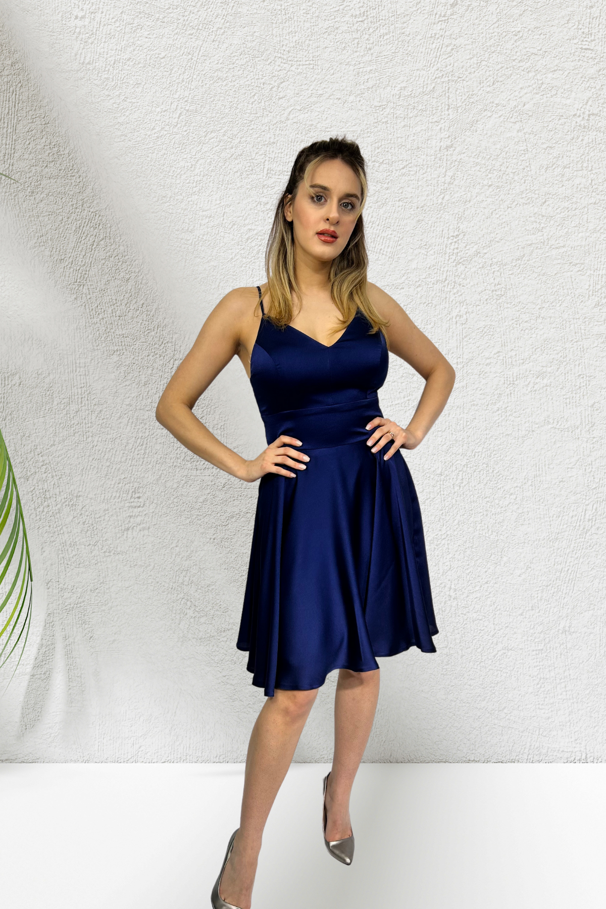 LACİVERT SATEN KISA ABİYE