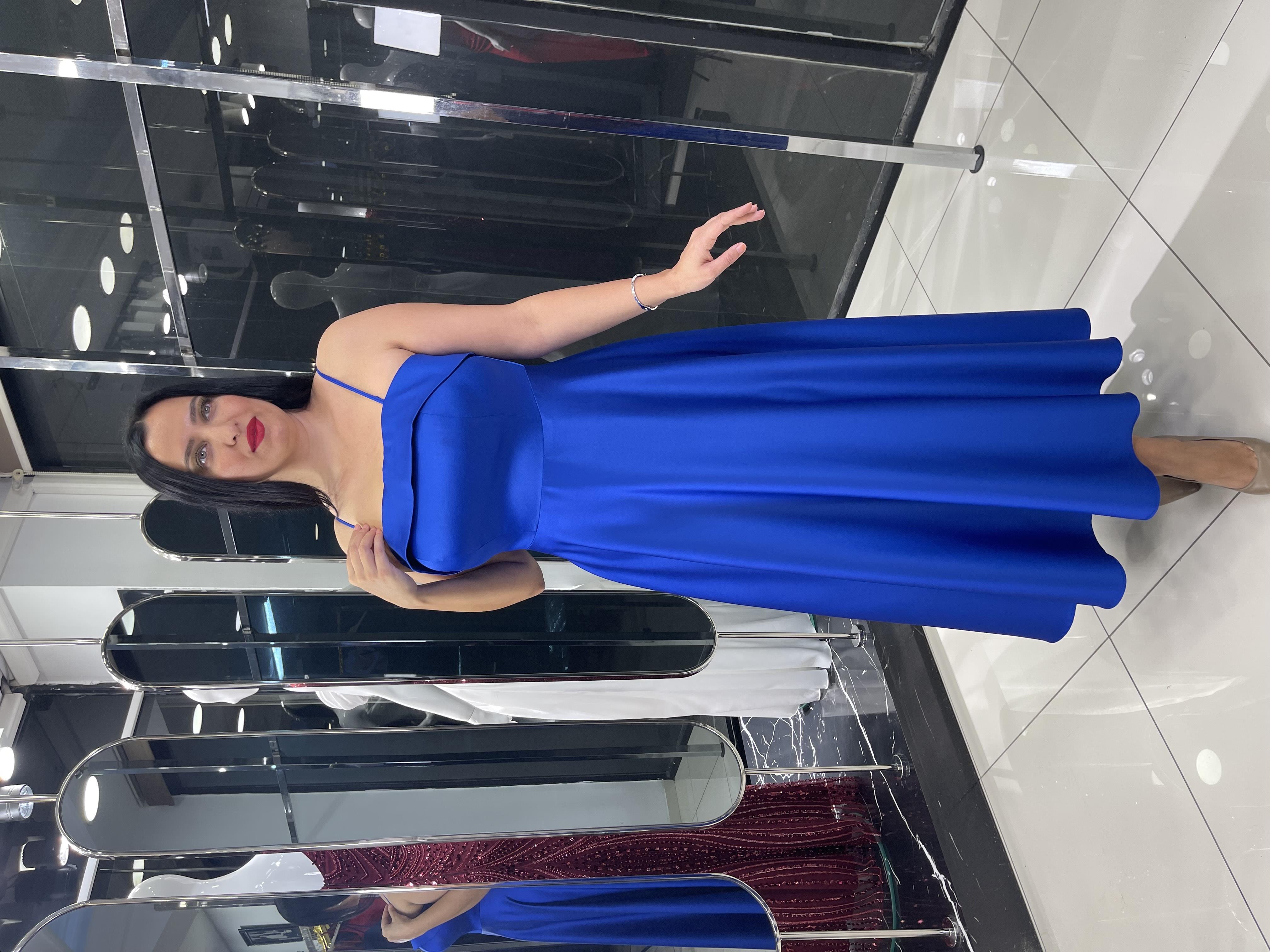 Saks Mavi Midi Boy Saten Kiloş Abiye 