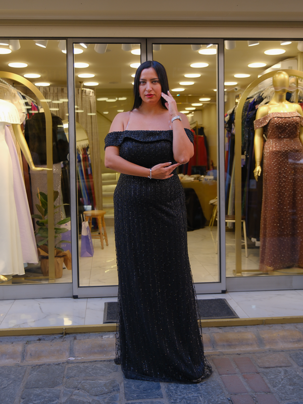 Siyah Taş İşlemeli Lady yaka Uzun Abiye