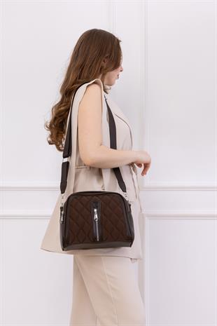 KAHVE Nakışlı Suni deri ayarlanabilir çapraz askılı büyük 3 gözlü el ve omuz çantası