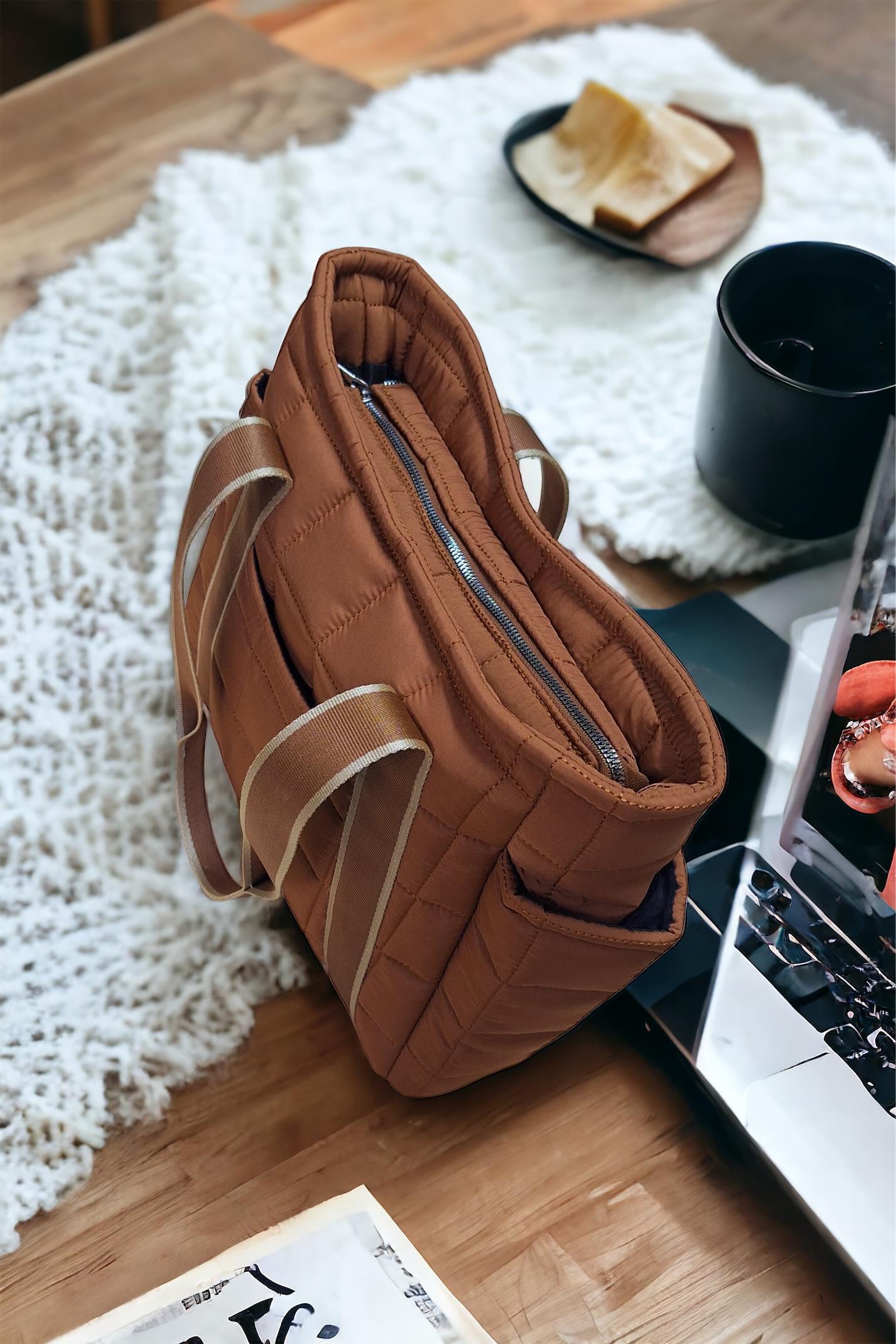 Kadın Taba CEPLİ Kapitone Kumaş Büyük Omuz Çantası