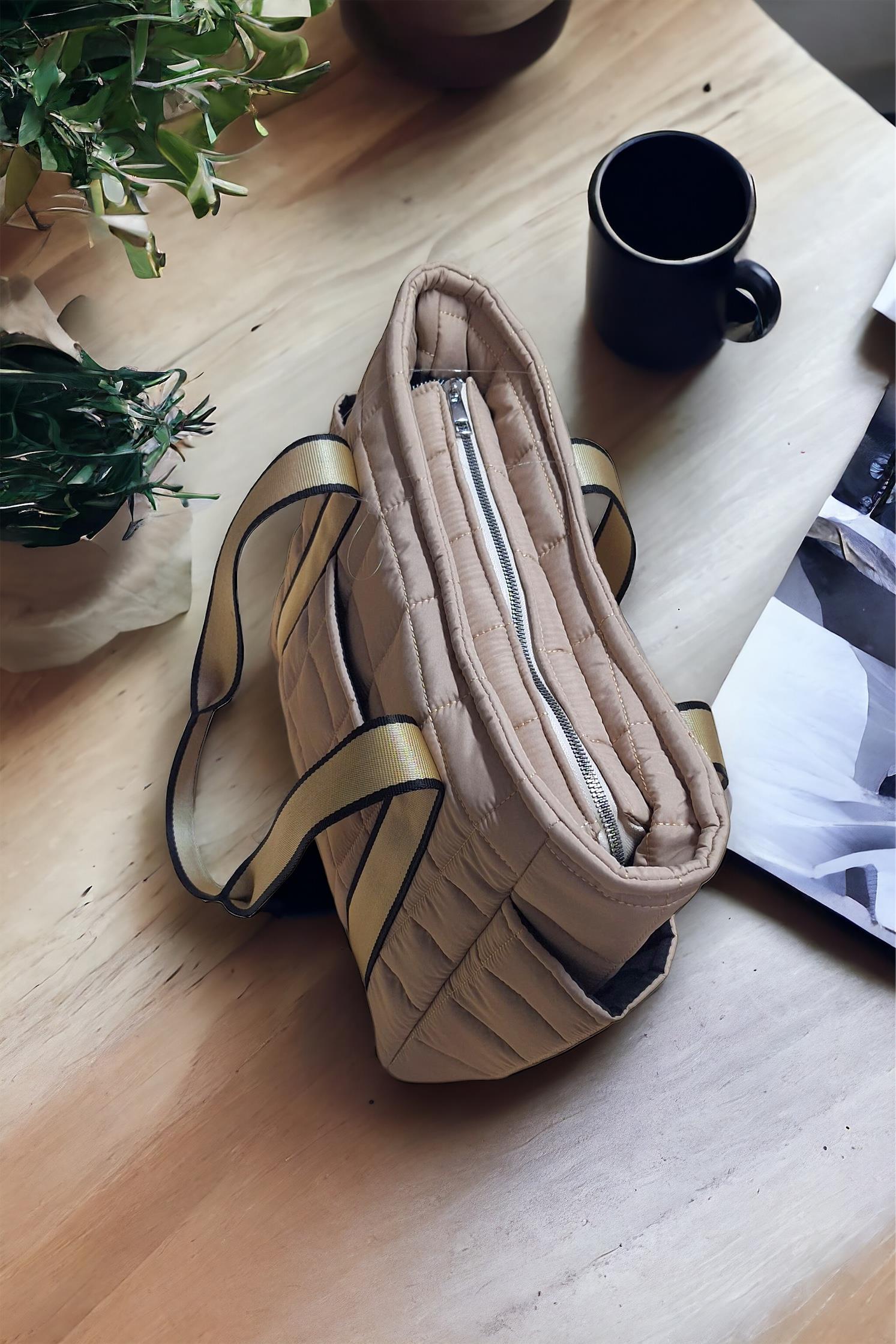 Kadın Vizon CEPLİ Kapitone Kumaş Büyük Omuz Çantası