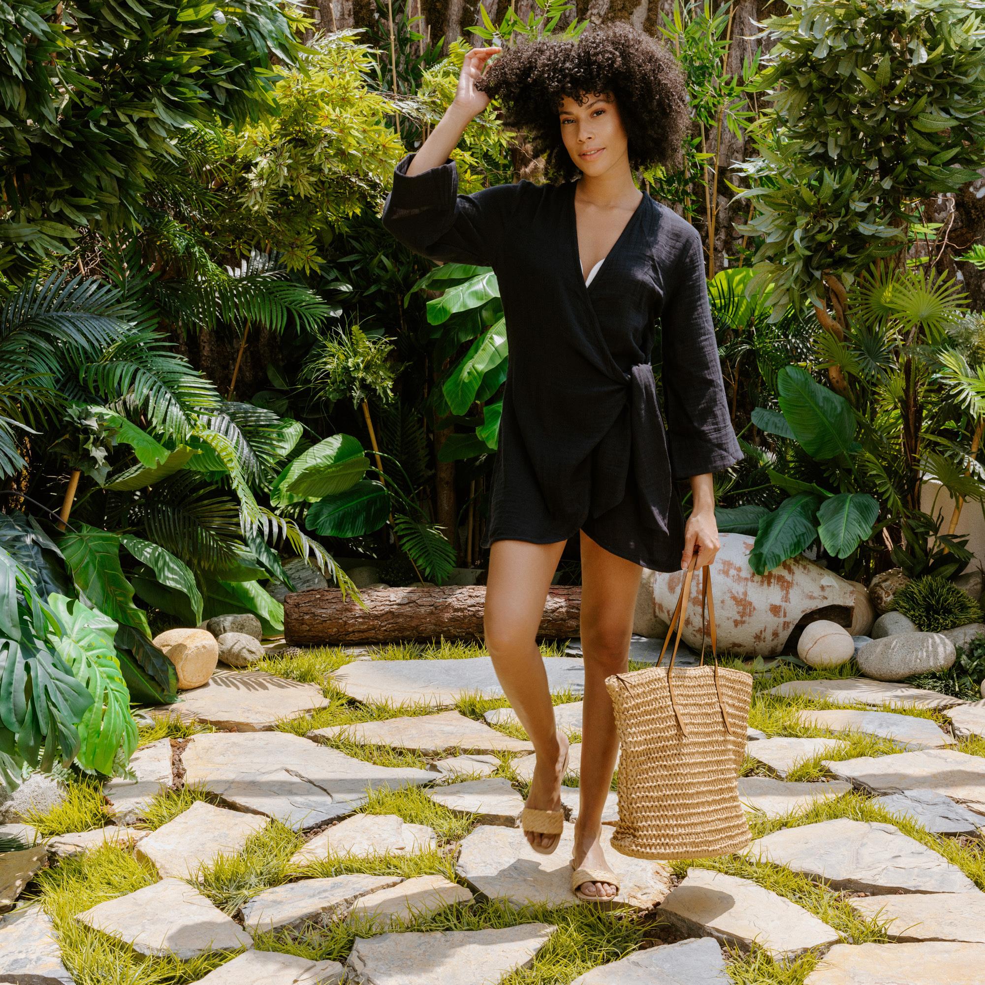 Plaj Elbisesi - %100 Pamuk Dokuma Kruvaze Kuşaklı Kadın Müslin Plaj Elbisesi - Miespiga