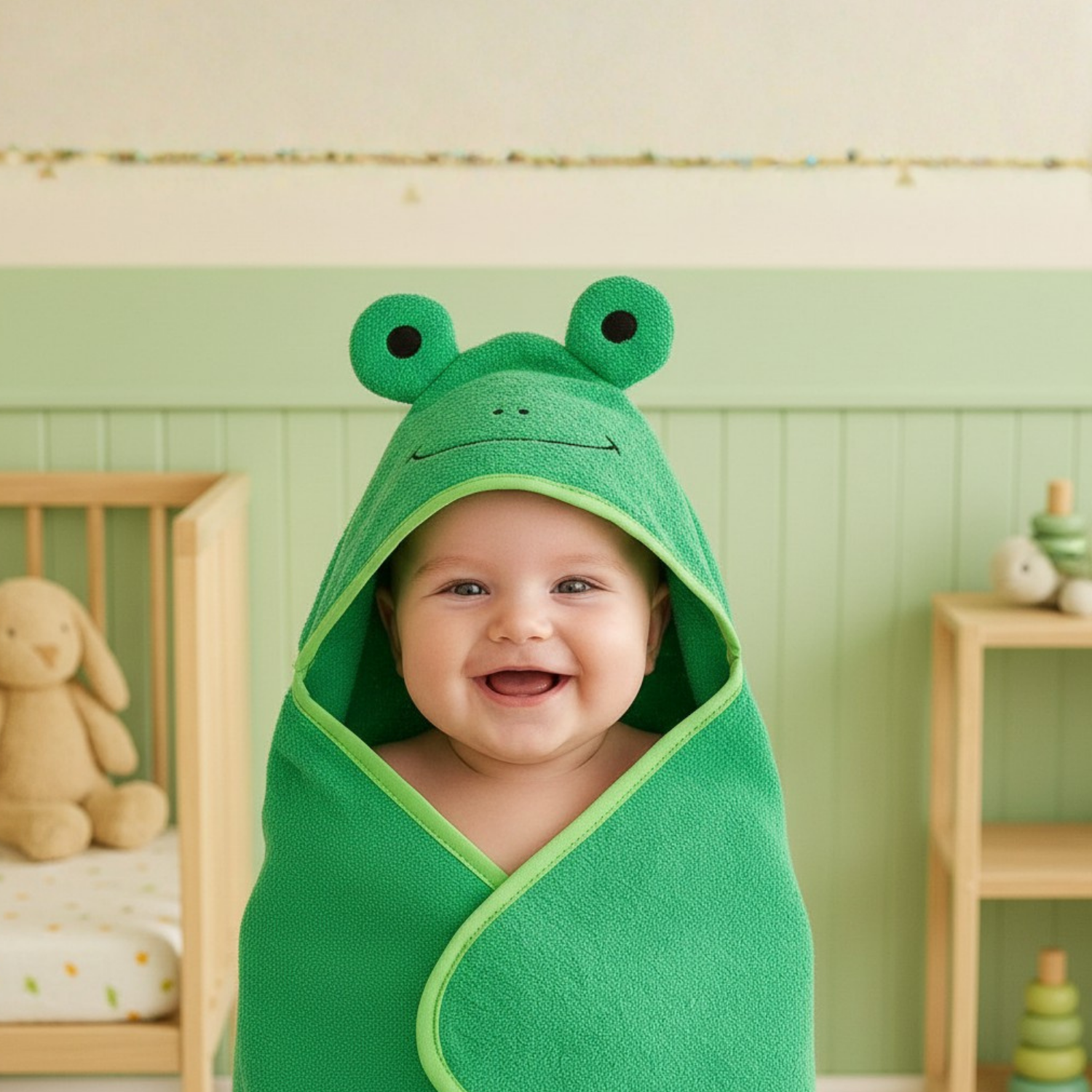 Havlu Kundak - %100 Pamuk Kurbağa Kundak Havlu Yeşil (75X75 CM) - Miespiga