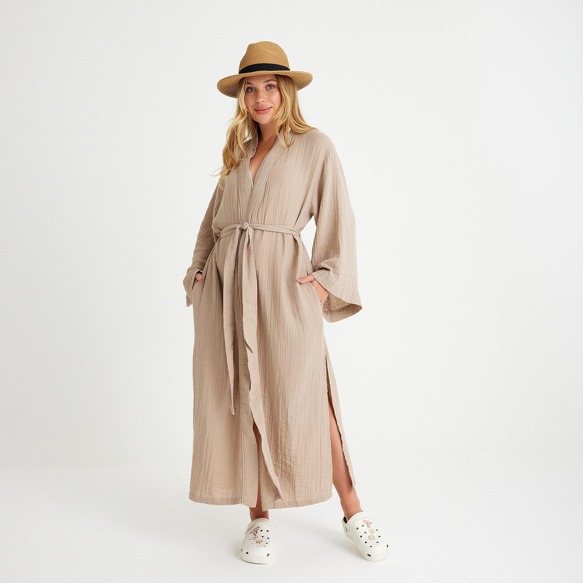 Kimono - %100 Pamuklu Dokuma Beli Kuşaklı Maxi Kadın Kimono Kaftan - Miespiga