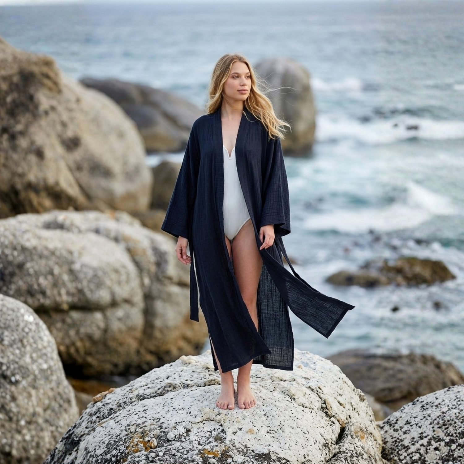 Kimono - %100 Pamuklu Dokuma Beli Kuşaklı Maxi Kadın Kimono Kaftan - Miespiga