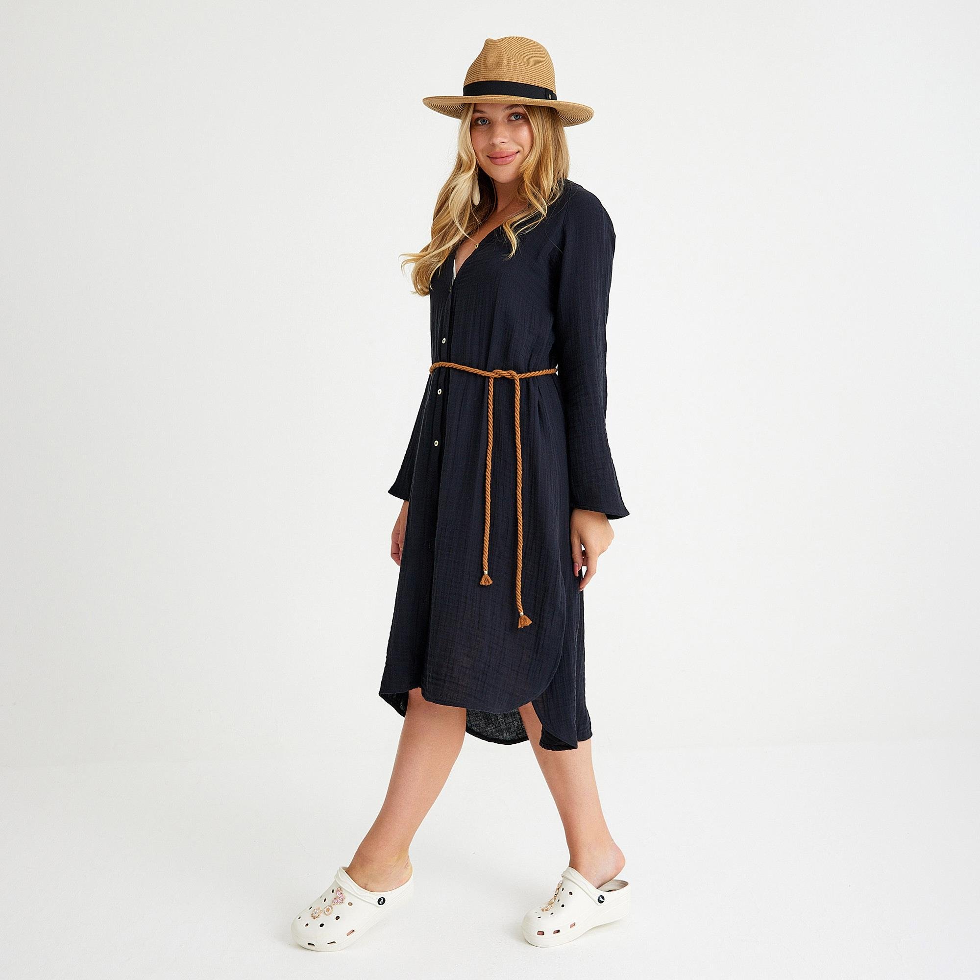 Plaj Elbisesi - %100 Pamuklu Dokuma Müslin Hakim Yaka Kemer Detaylı Plaj Gömlek Elbise - Miespiga