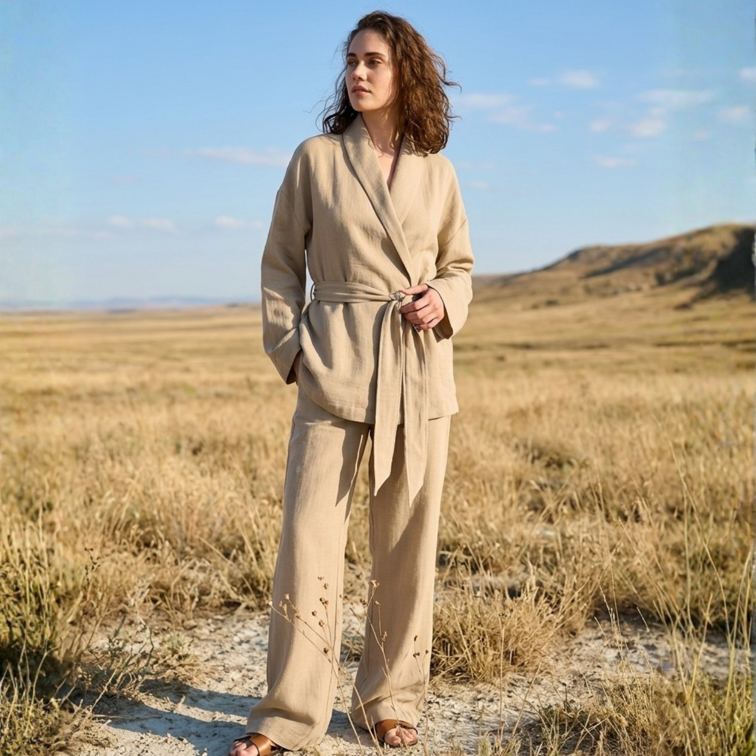 Alt Üst Takım - %100 Pamuklu Dokuma Şal Yaka Müslin Kimono-Pantolon Alt Üst Takım - Miespiga