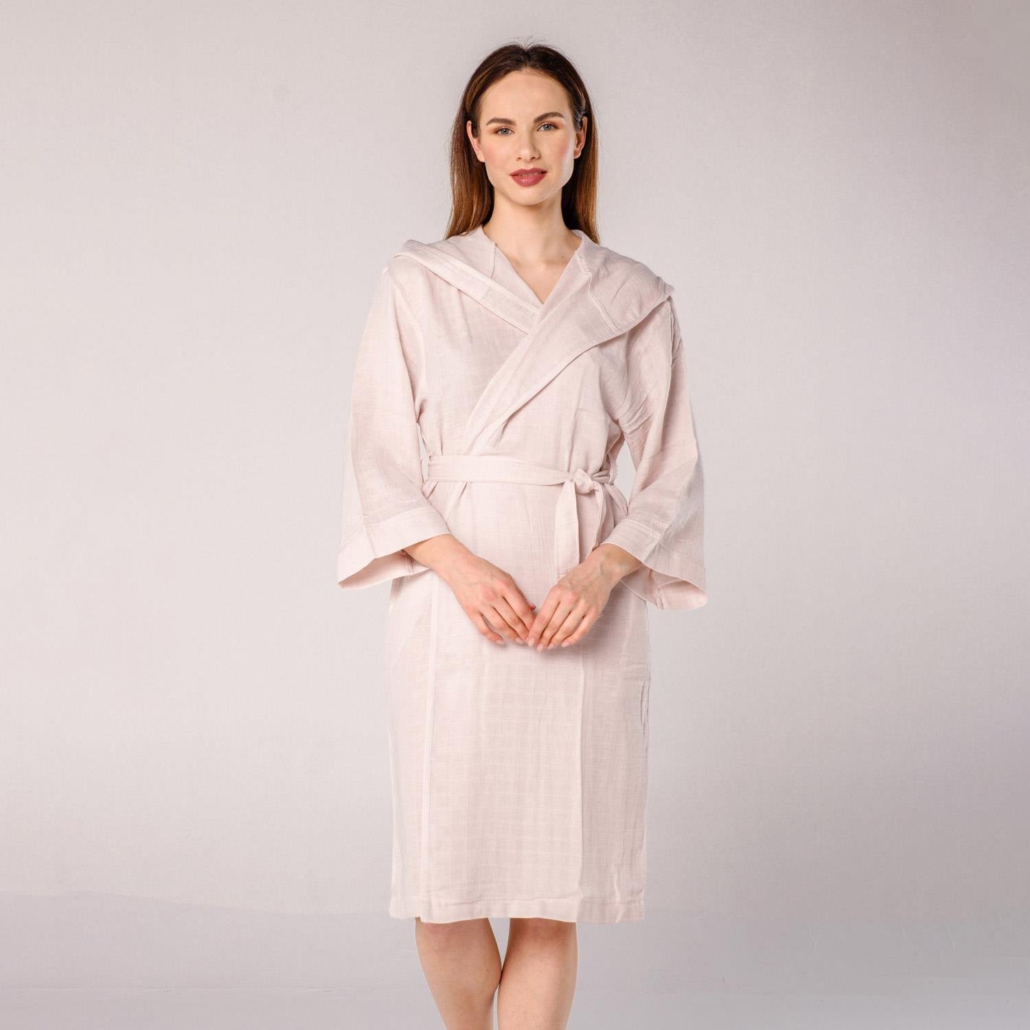 Müslin Bornoz - Başak Nakışlı Müslin Plaj Bornozu Açık Pembe - Miespiga