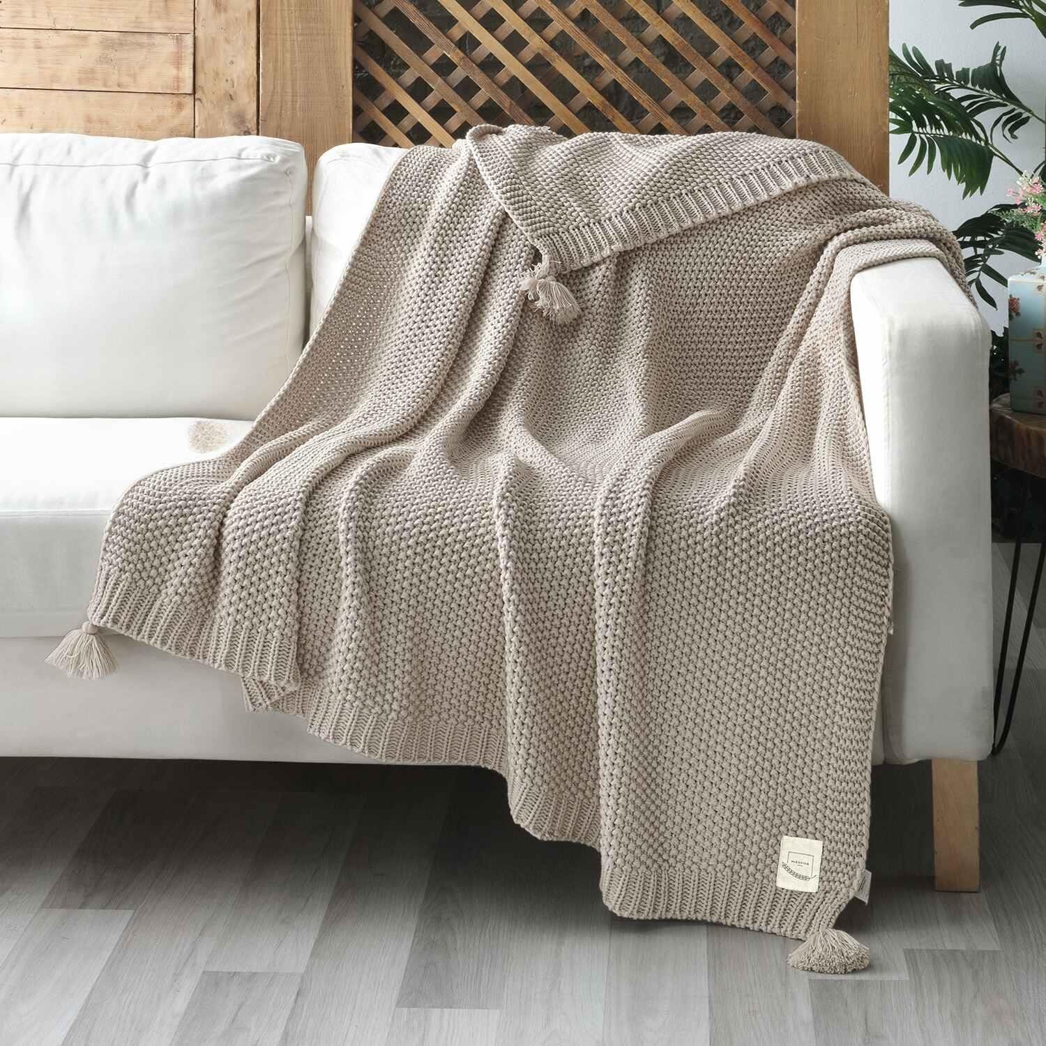 Battaniye - Coco Pirinç Örgü Ponponlu Triko Tv Battaniyesi Throw Koltuk Şalı - Miespiga