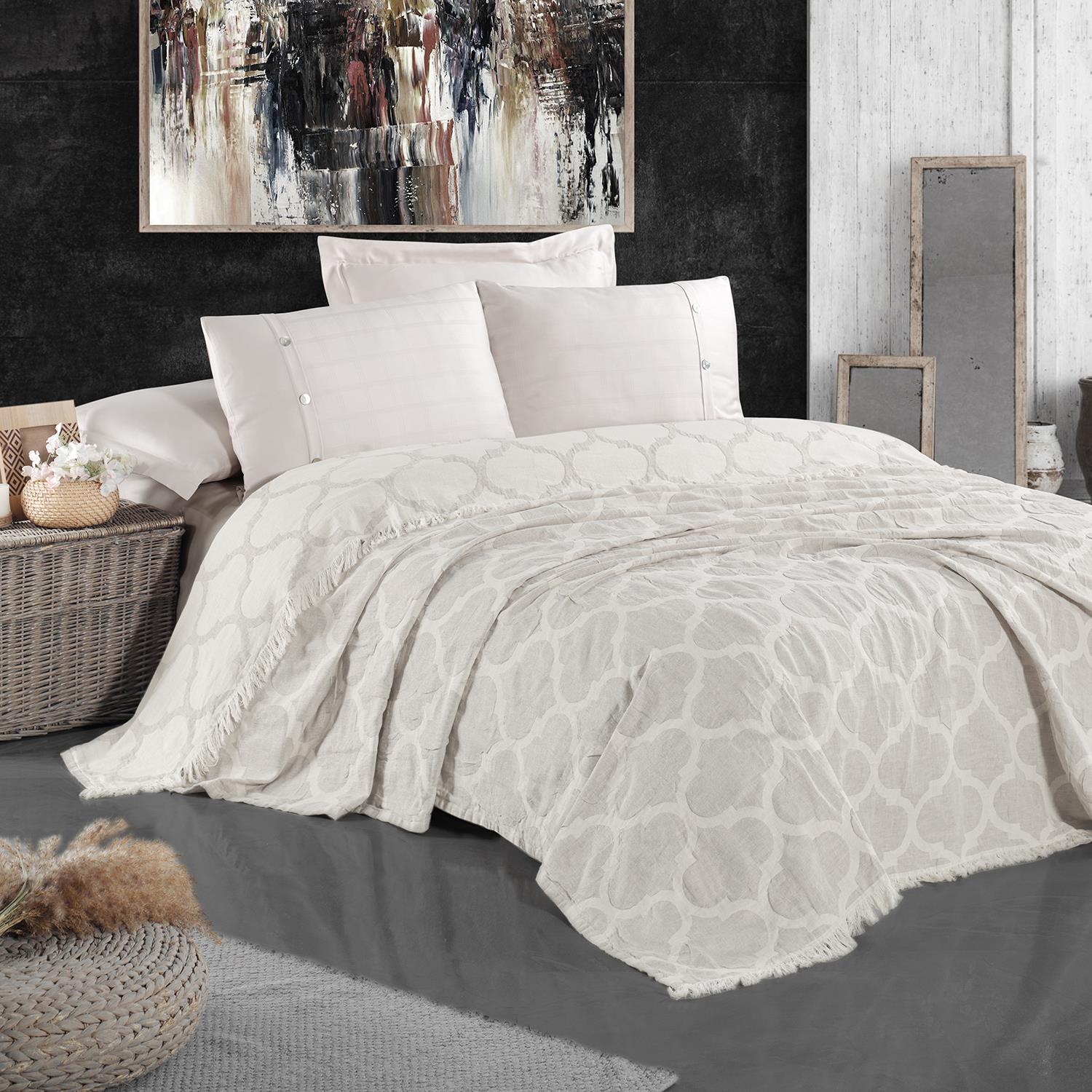 Yatak Örtüsü & Pike - Damask Design Çift Taraflı Jakarlı Keten Pamuk Dokuma Battal Boy(King Size) 240x260cm Antialejik Nefes Alabilen Dört Mevsim Pike Yatak Örtüsü - Miespiga