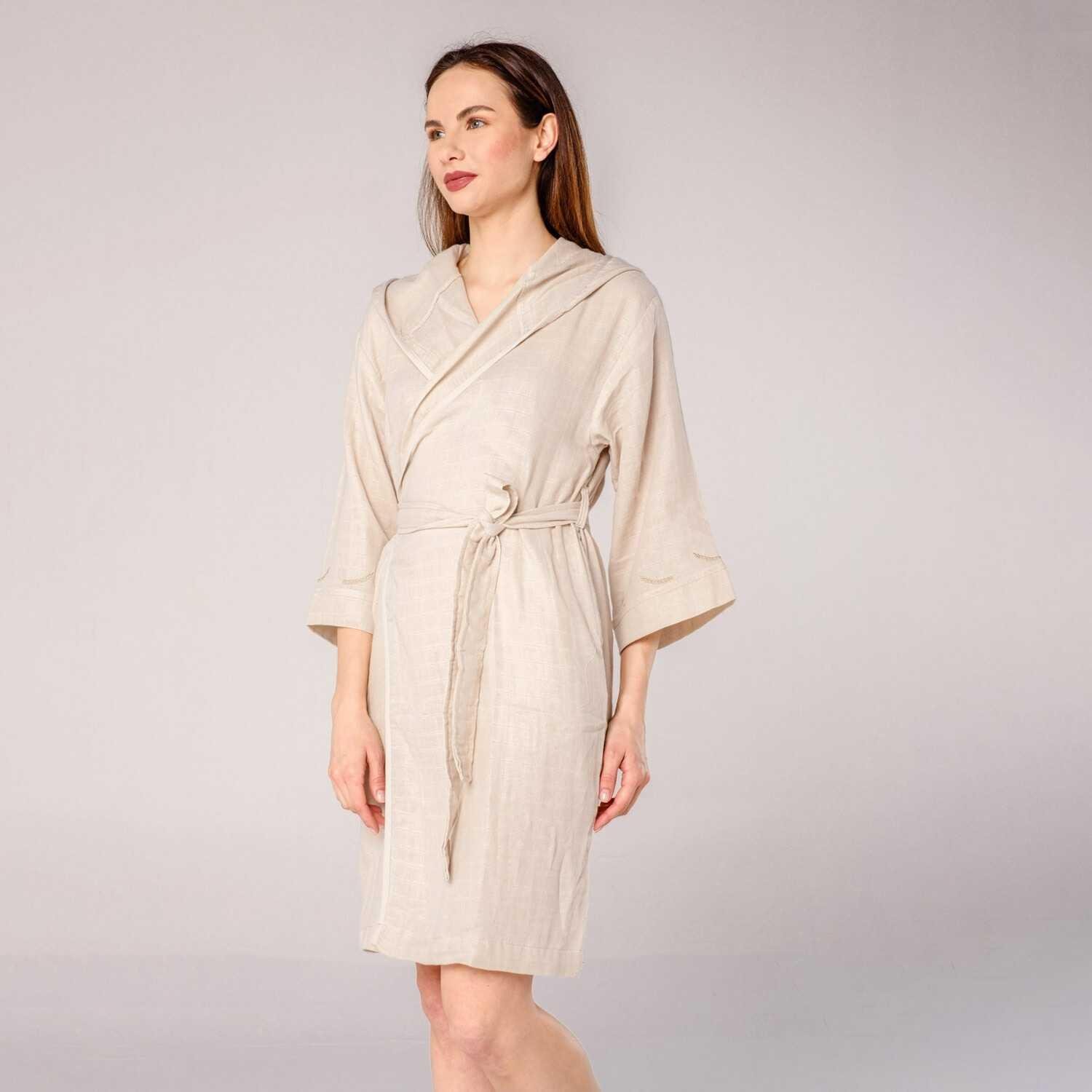 Müslin Bornoz - Kapüşonlu Kadın Müslin Bornoz Bej - Miespiga