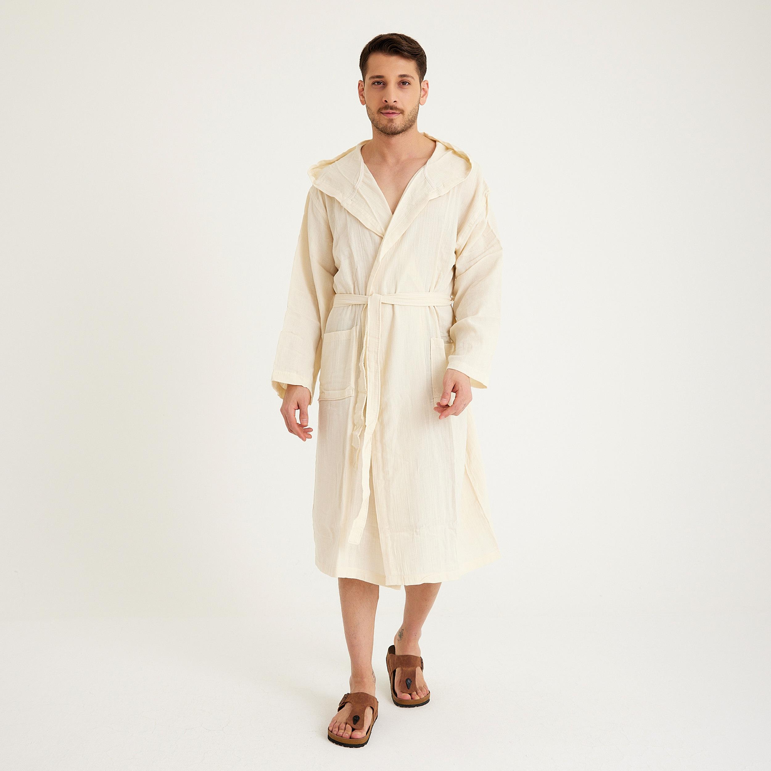 Müslin Bornoz - Pamuklu Kapüşonlu Uzun Erkek Müslin Bornoz Plaj - Miespiga