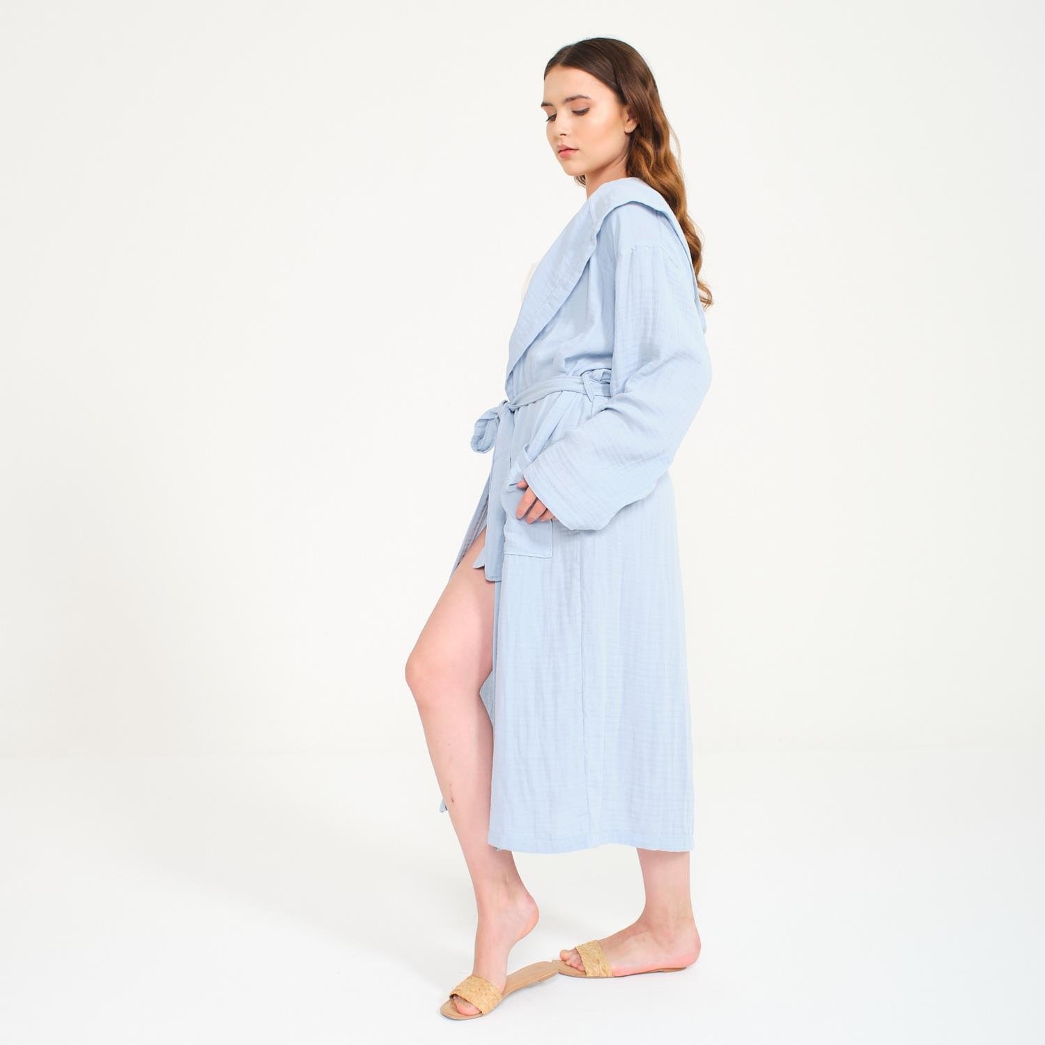Müslin Bornoz - Pamuklu Kapüşonlu Uzun Kadın Müslin Bornoz Plaj - Miespiga