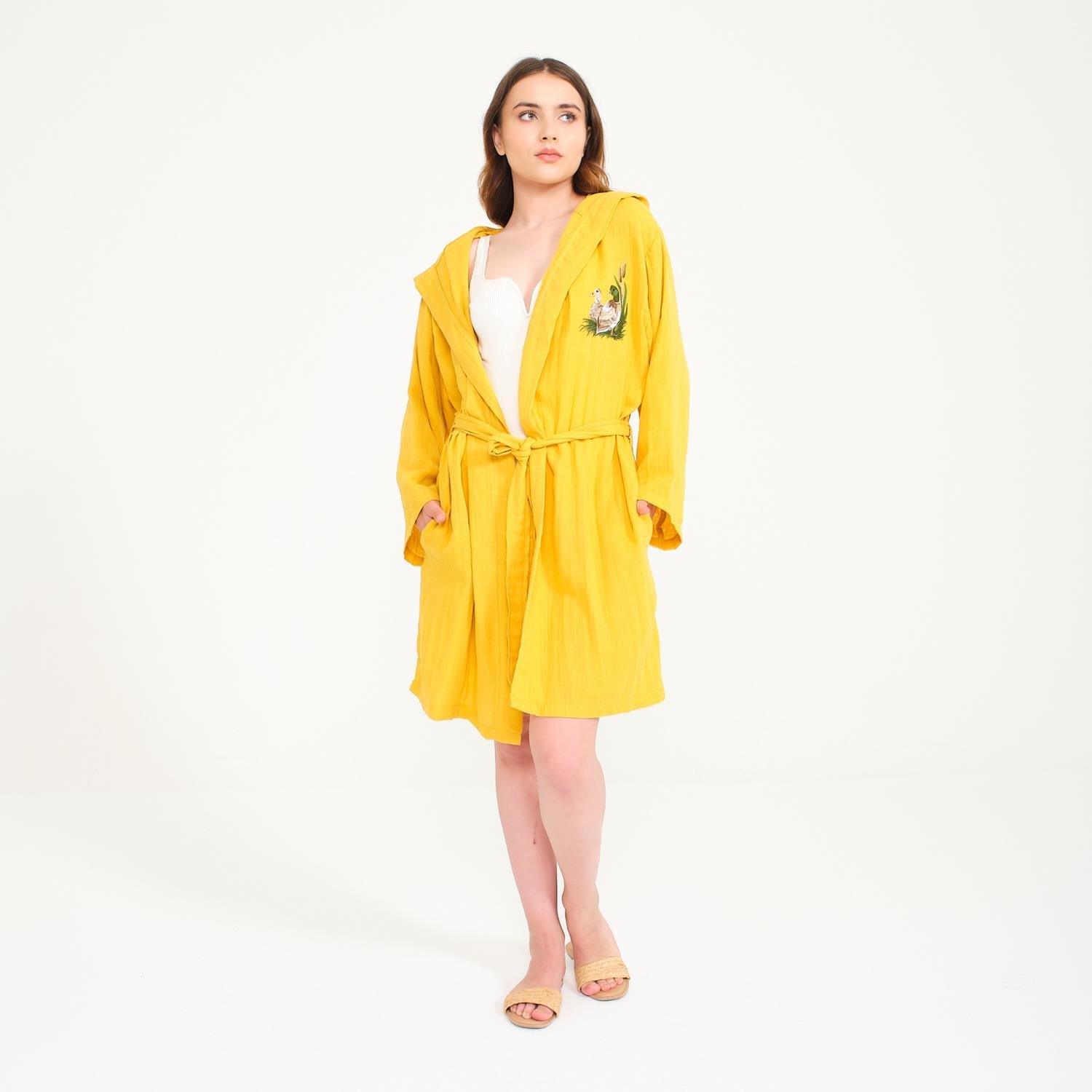 Müslin Bornoz - Pamuklu Kısa Kapüşonlu Kadın Müslin Bornoz - Miespiga