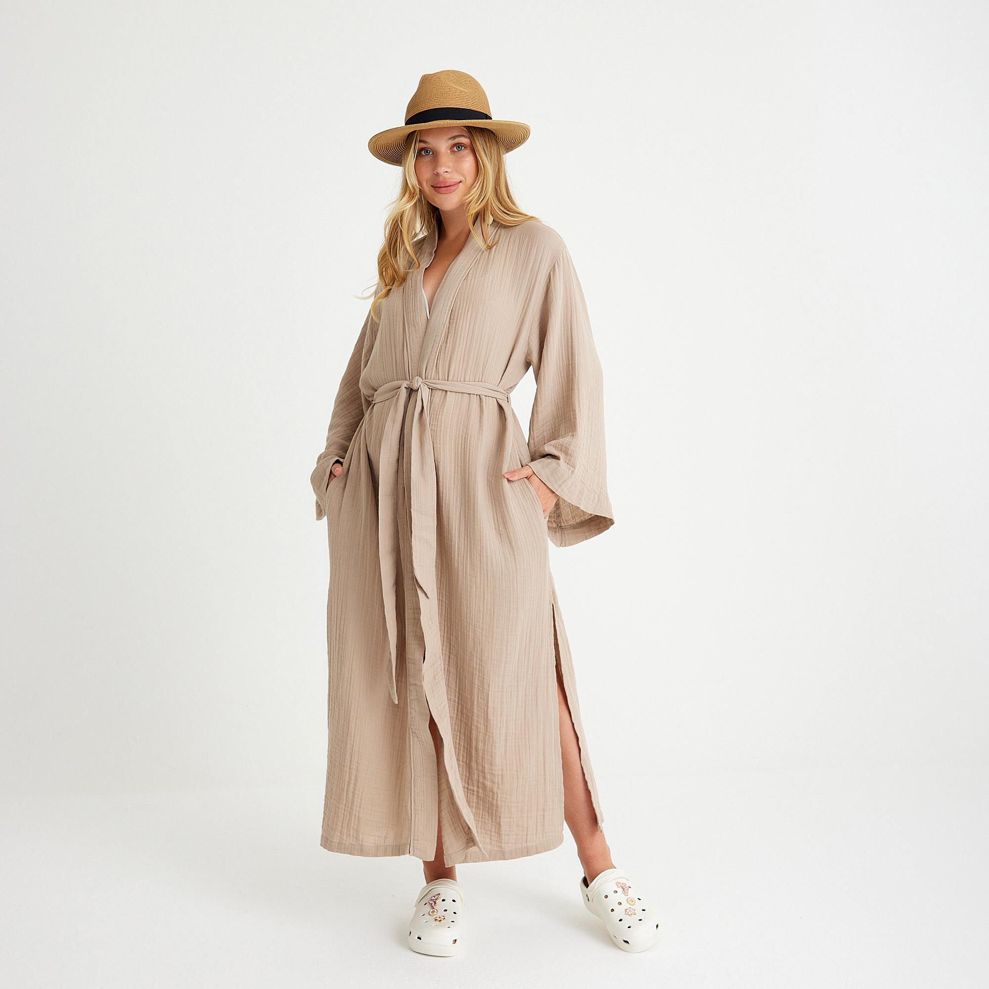 Kimono - %100 Pamuklu Dokuma Beli Kuşaklı Maxi Kadın Kimono Kaftan - Miespiga