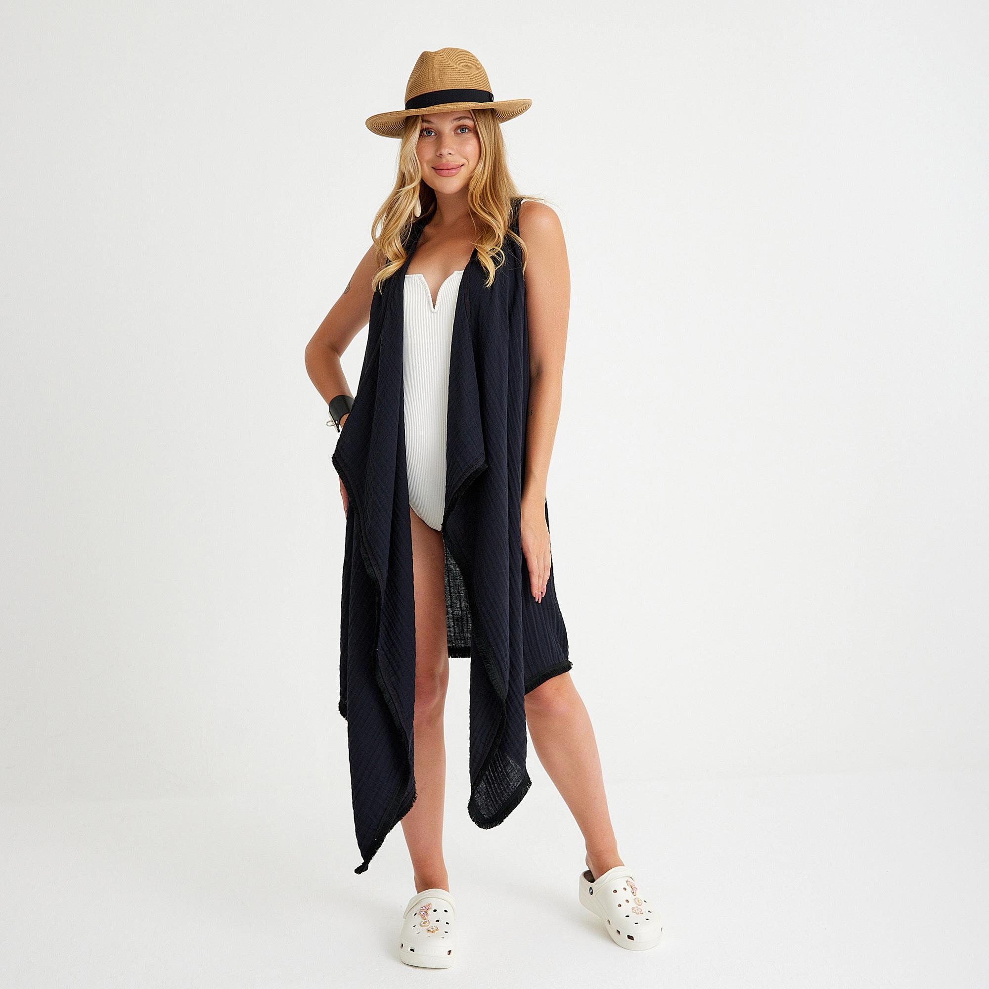 Plaj Elbisesi - %100 Pamuklu Dokuma Kemerli Püsküllü Plaj Elbisesi - Miespiga