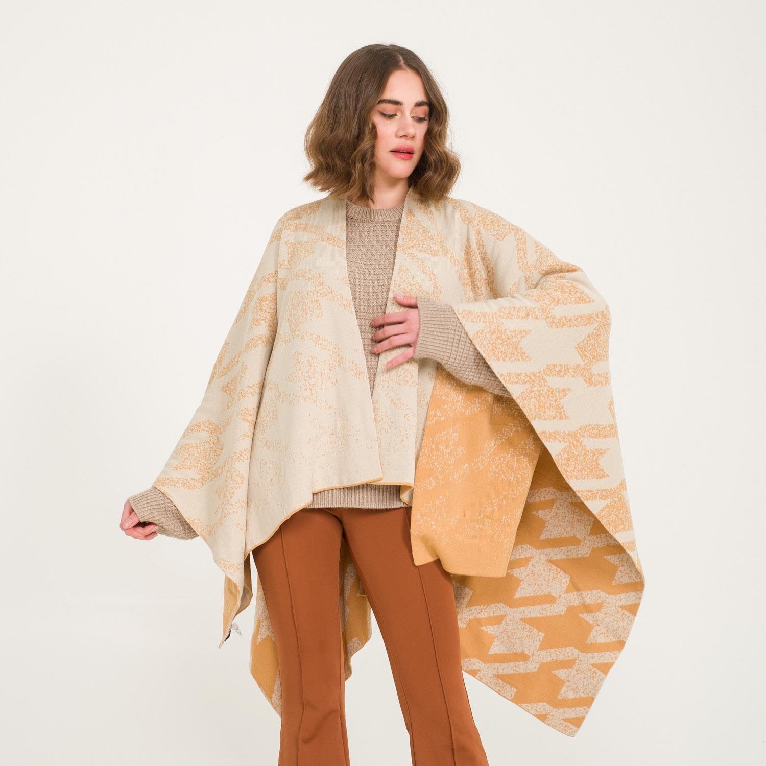 Triko Panço - Kaz Ayağı Desen Çift Taraflı Triko Kadın Şal Panço - Miespiga