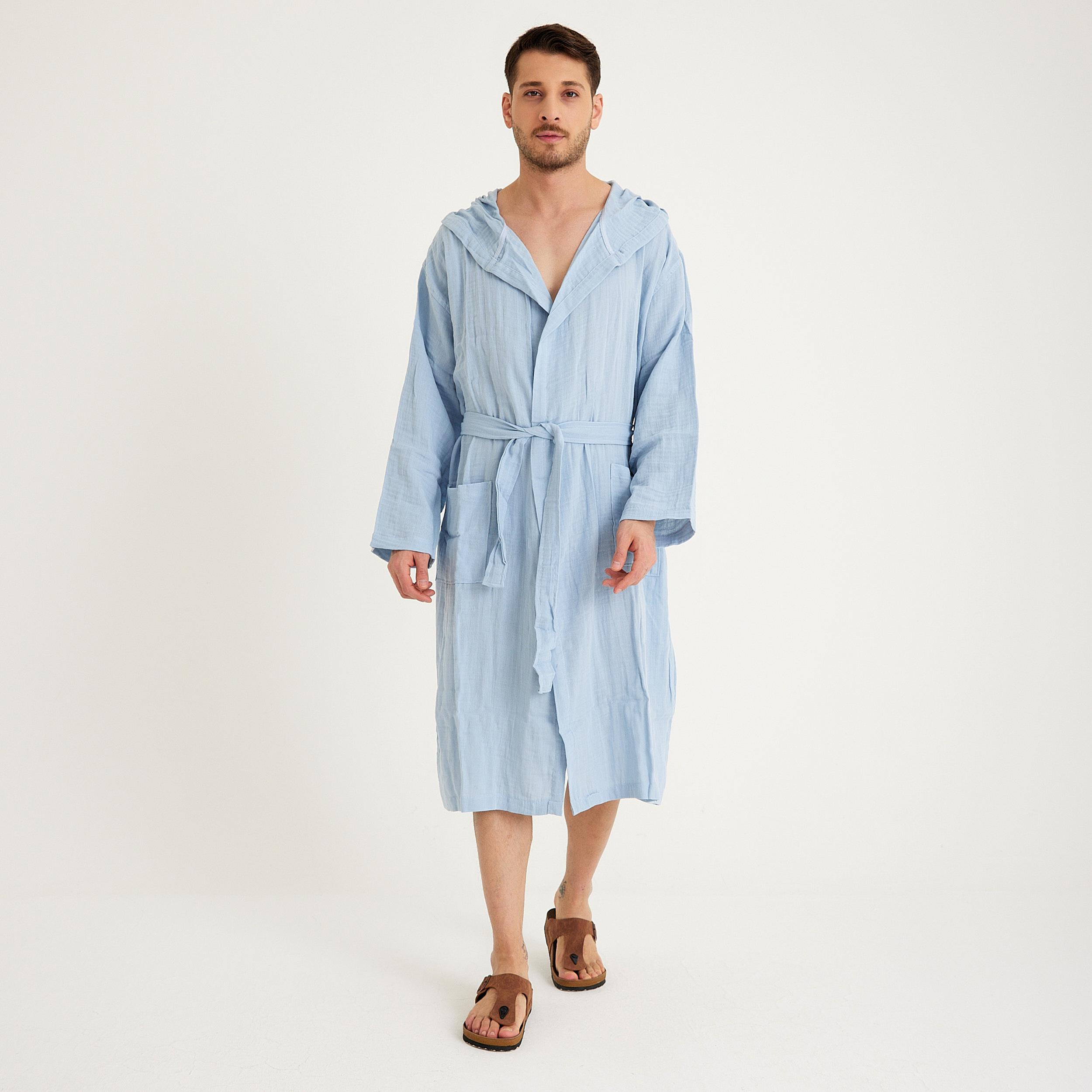Müslin Bornoz - Pamuklu Kapüşonlu Uzun Erkek Müslin Bornoz Plaj - Miespiga