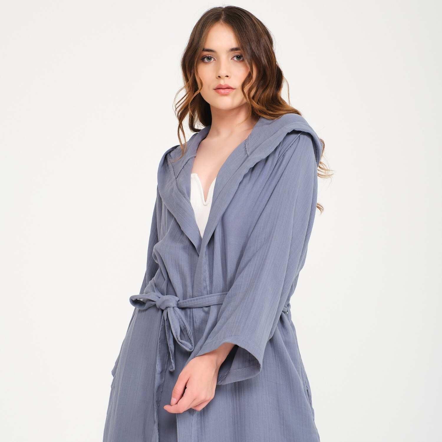 Müslin Bornoz - Pamuklu Kısa Kapüşonlu Kadın Müslin Bornoz - Miespiga