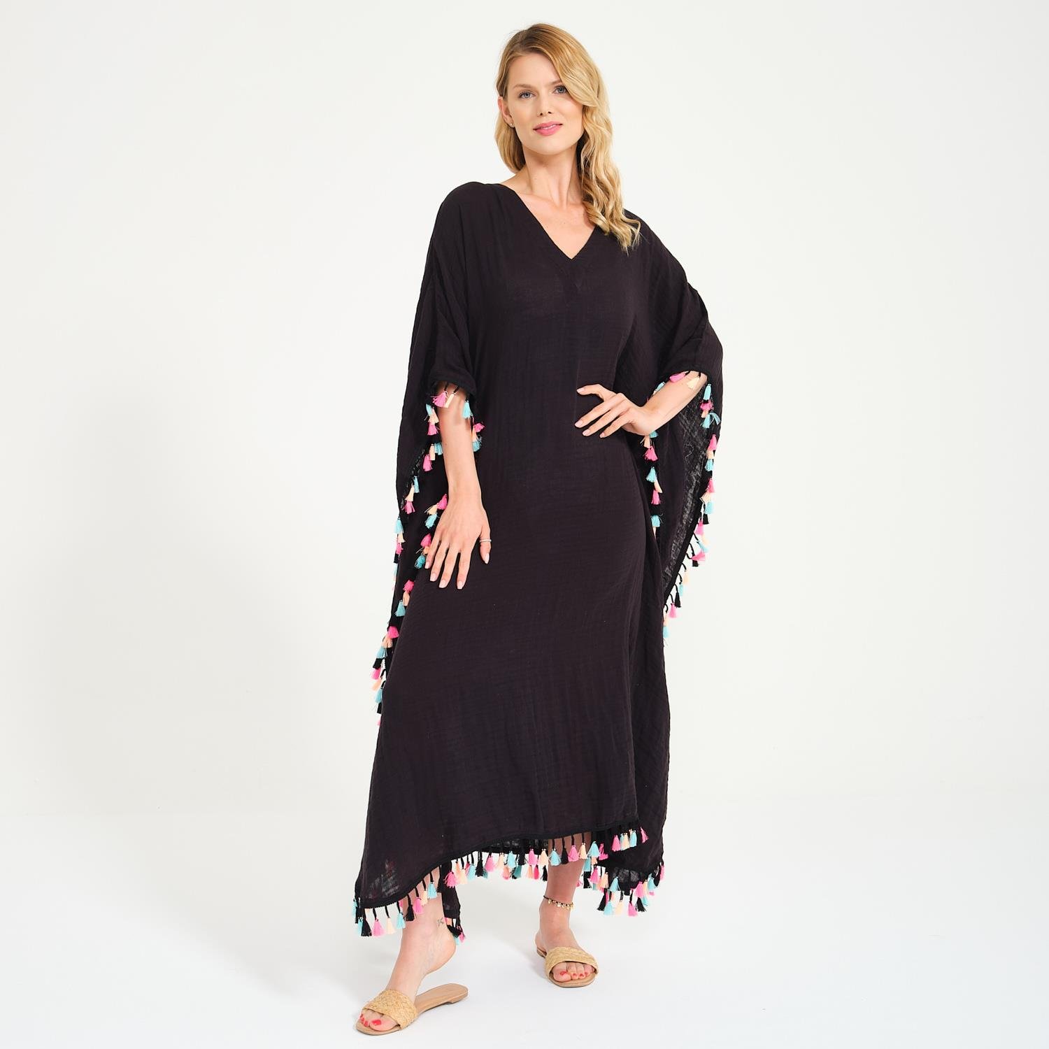 Plaj Elbisesi - Püskül Detaylı V Yaka Uzun Plaj Elbisesi - Miespiga